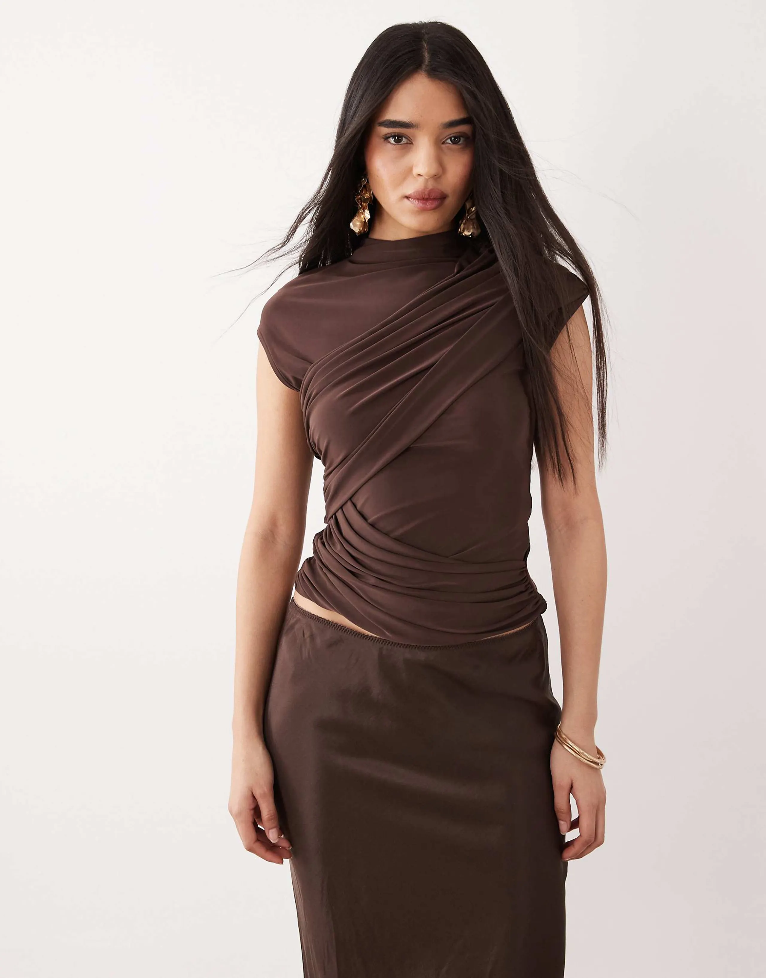 ASOS DESIGN slinky ruched drape detail top in brown