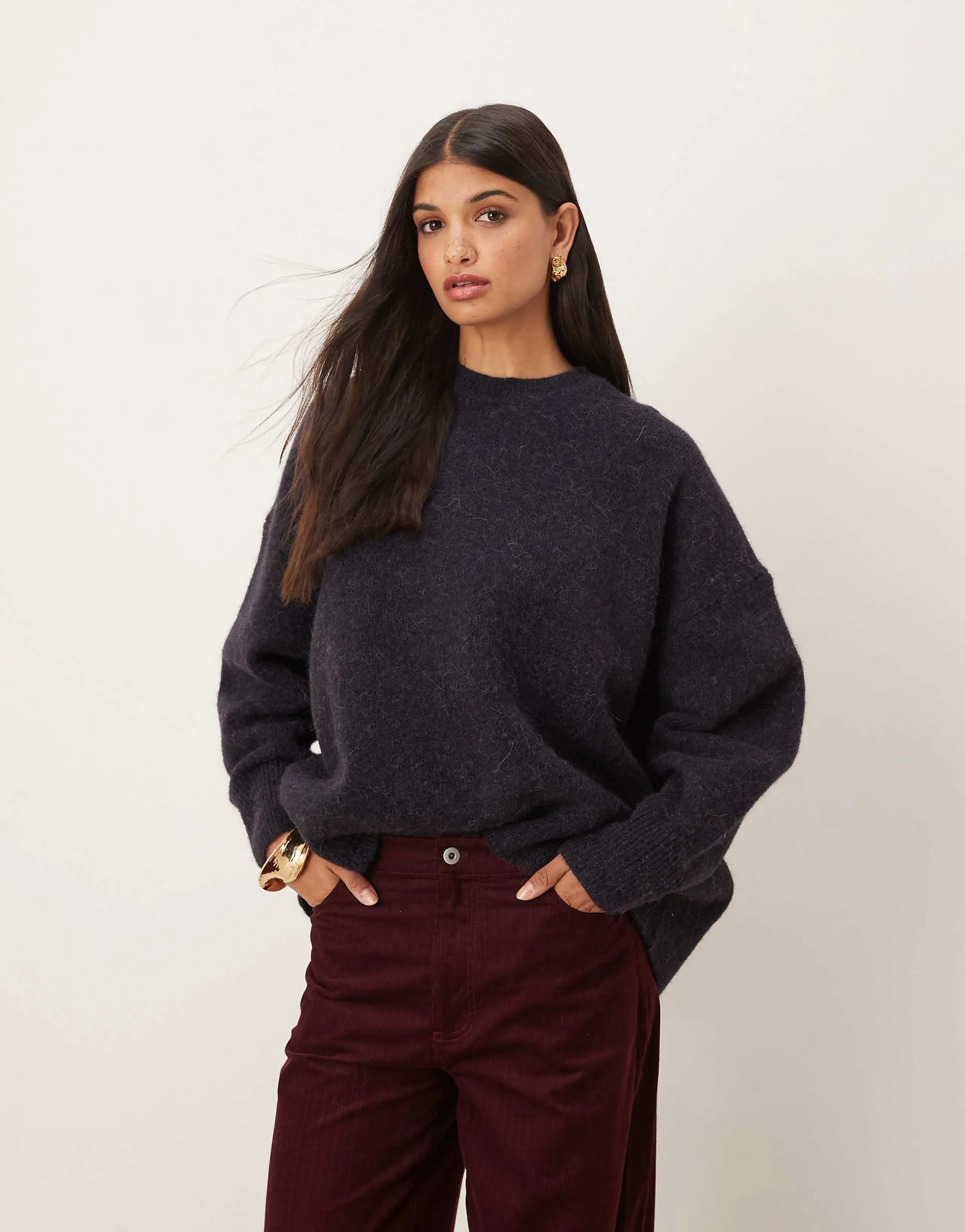 ASOS DESIGN premium wool and alpaca oversized crew neck sweater in slate navy