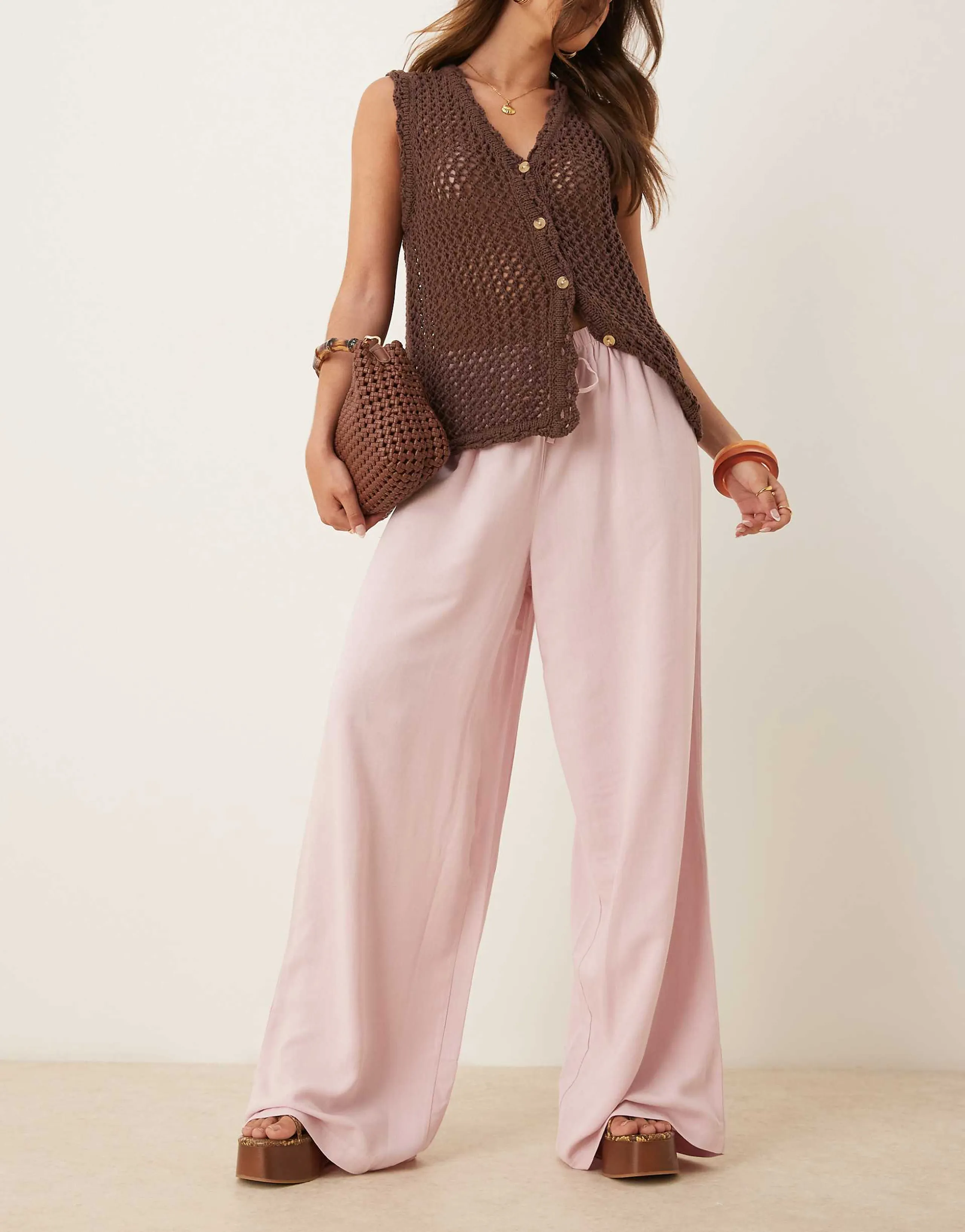 ASOS DESIGN linen look pull on pants in dusty pink 
