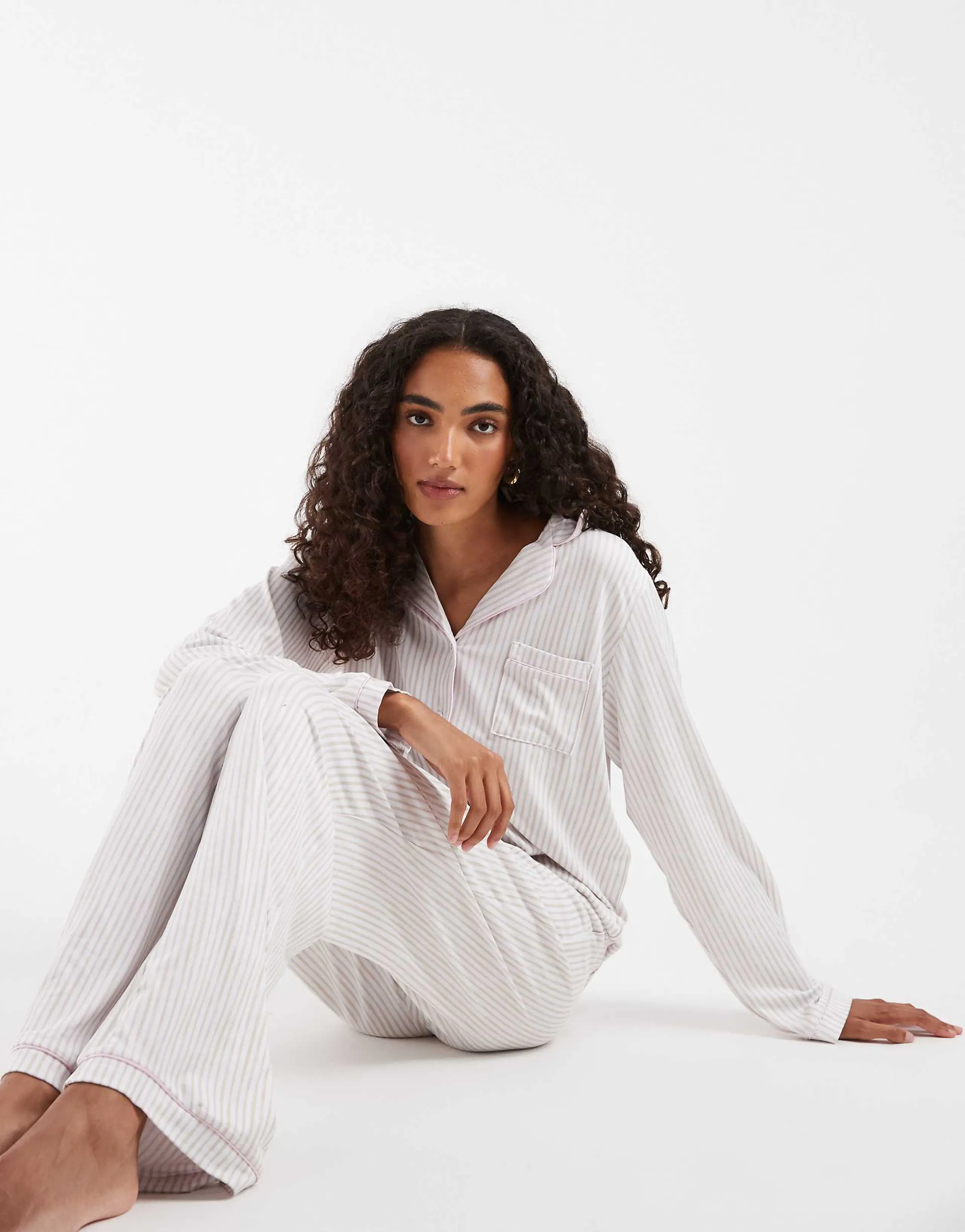 Loungeable Tall super soft jersey revere top and pants set in beige and white stripe