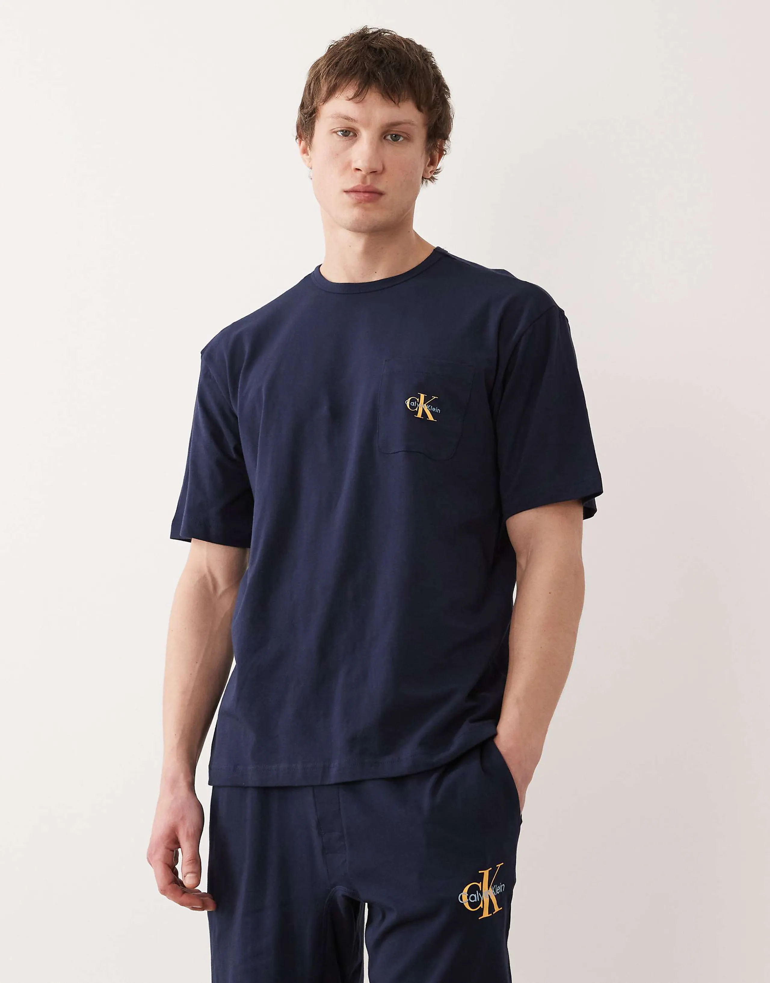 Calvin Klein Icon Cotton Stretch loungewear monogram t-shirt in navy - part of a set