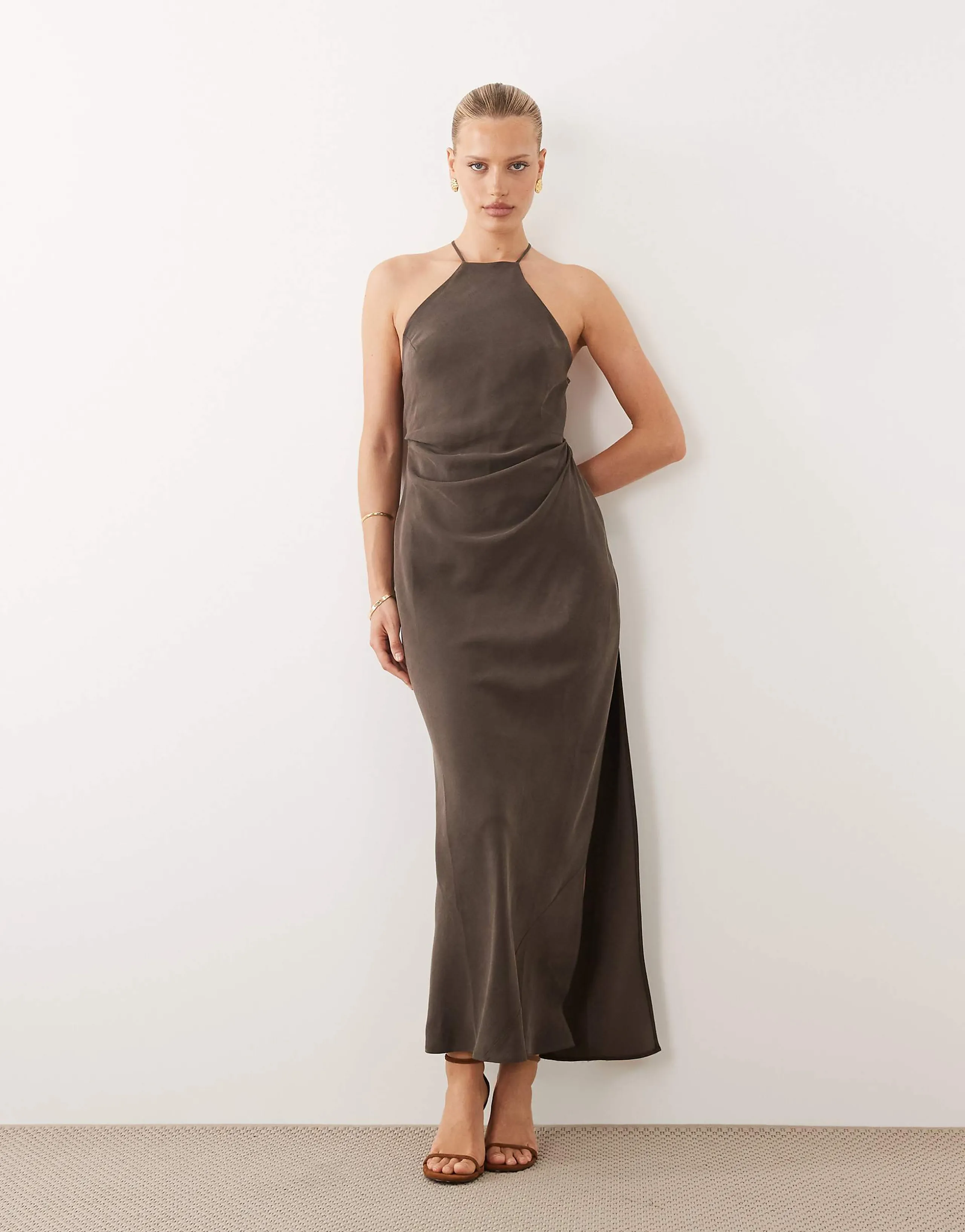 ASOS DESIGN halter strappy back maxi dress in brown