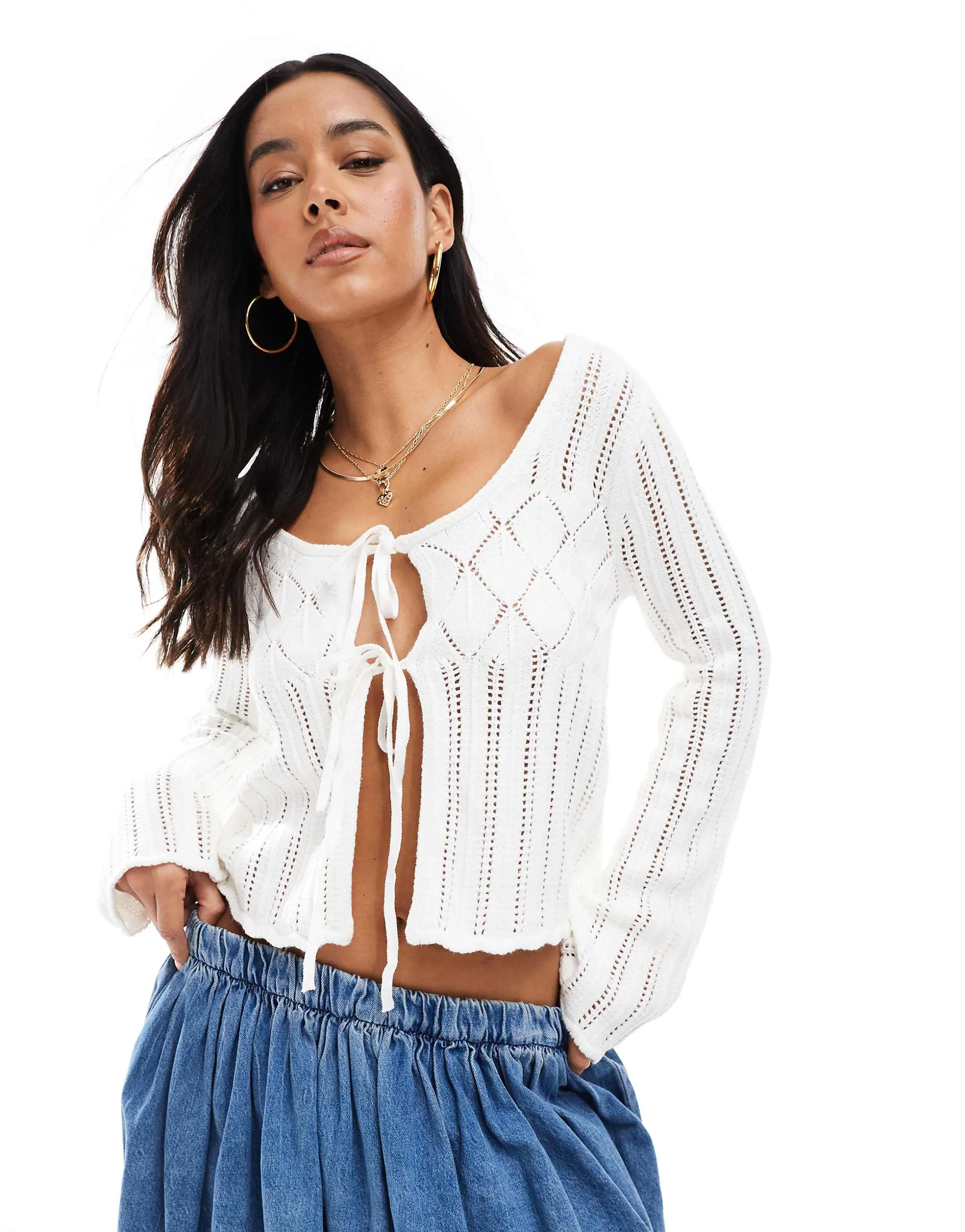 Hollister long sleeve tie front crochet top in cream