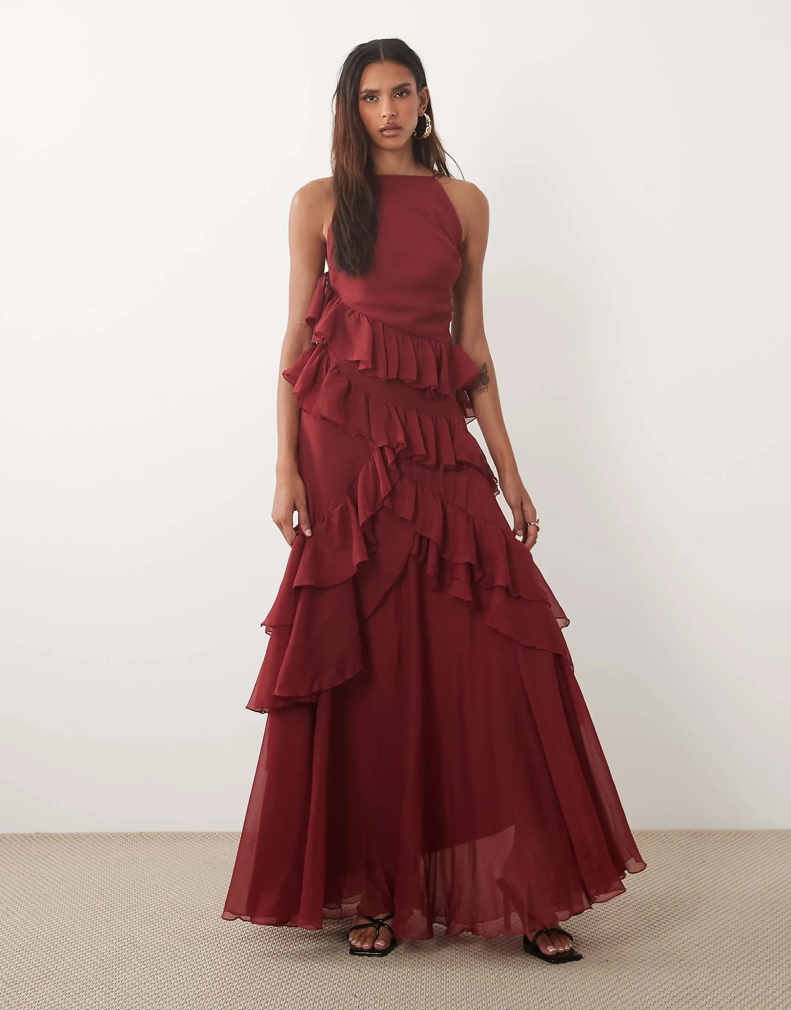 ASOS DESIGN Tall high neck low back ruffle maxi dress in burgundy