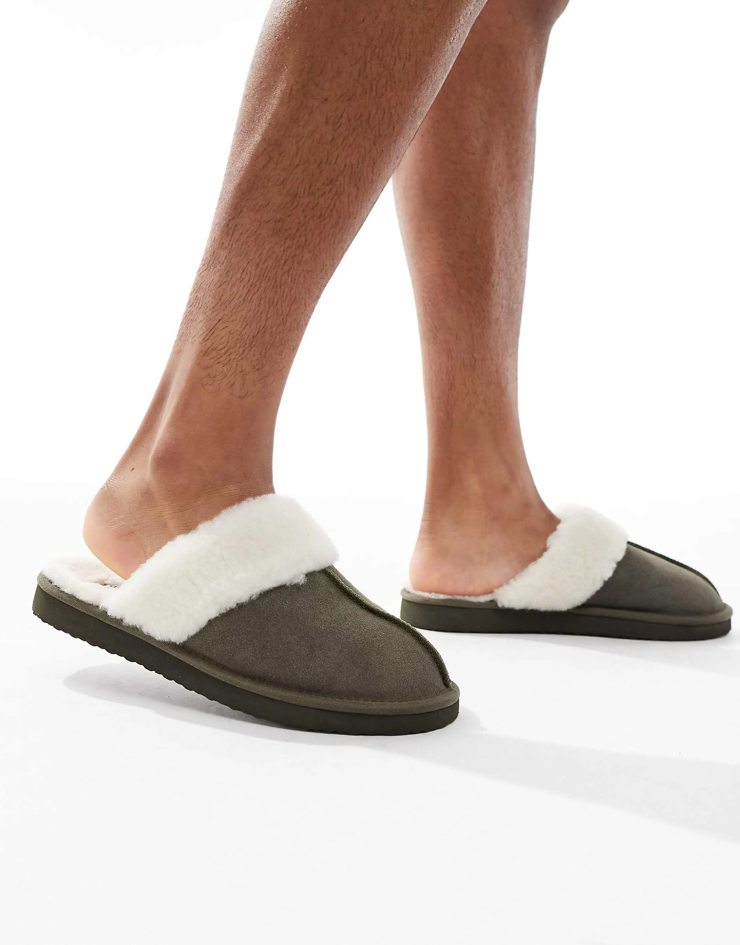 ASOS DESIGN mule slippers in khaki suede with faux shearling lining