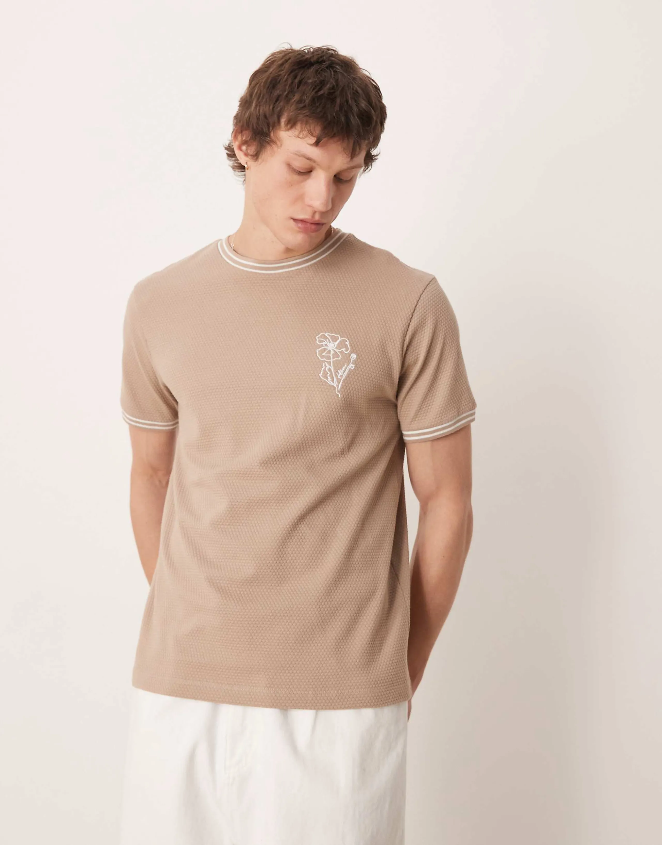 ASOS DESIGN heavyweight regular fit T-shirt with floral embroidery in beige texture