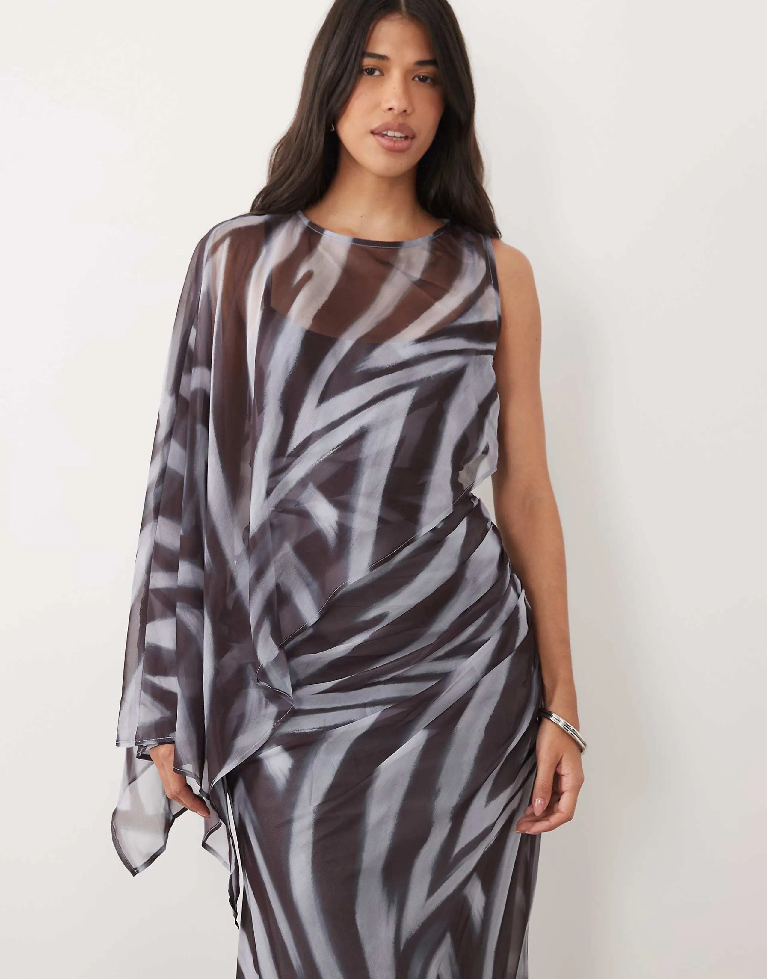 ASOS DESIGN draped batwing asymmetric one-sleeve maxi dress in zebra abstract stripe