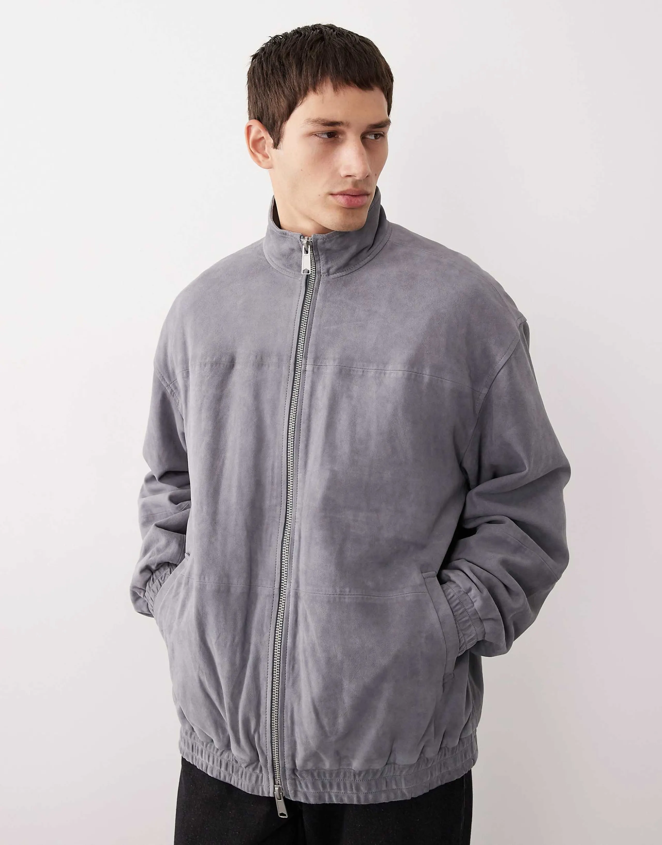 ASOS COLLECTIVE oversized suede track jacket in gray