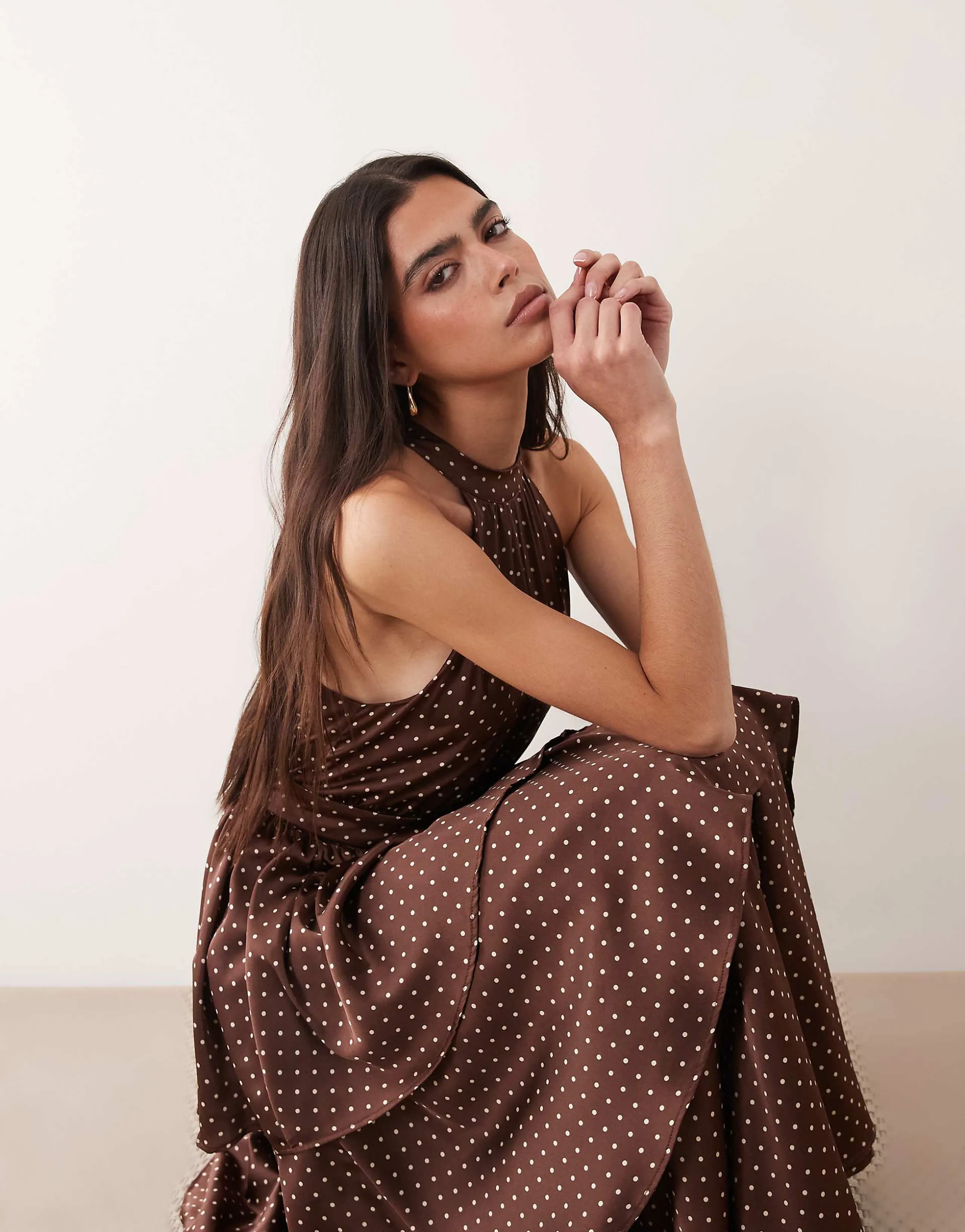 VILA tiered halter neck maxi dress in chocolate brown polka dot