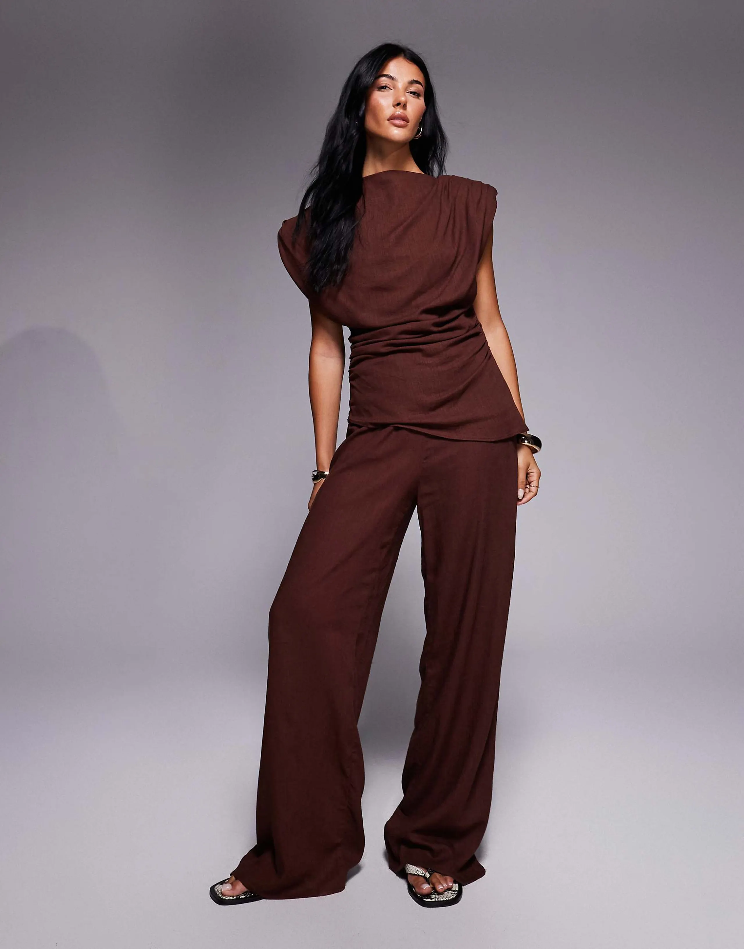 ASOS DESIGN linen wide leg pants in brown - part of a set