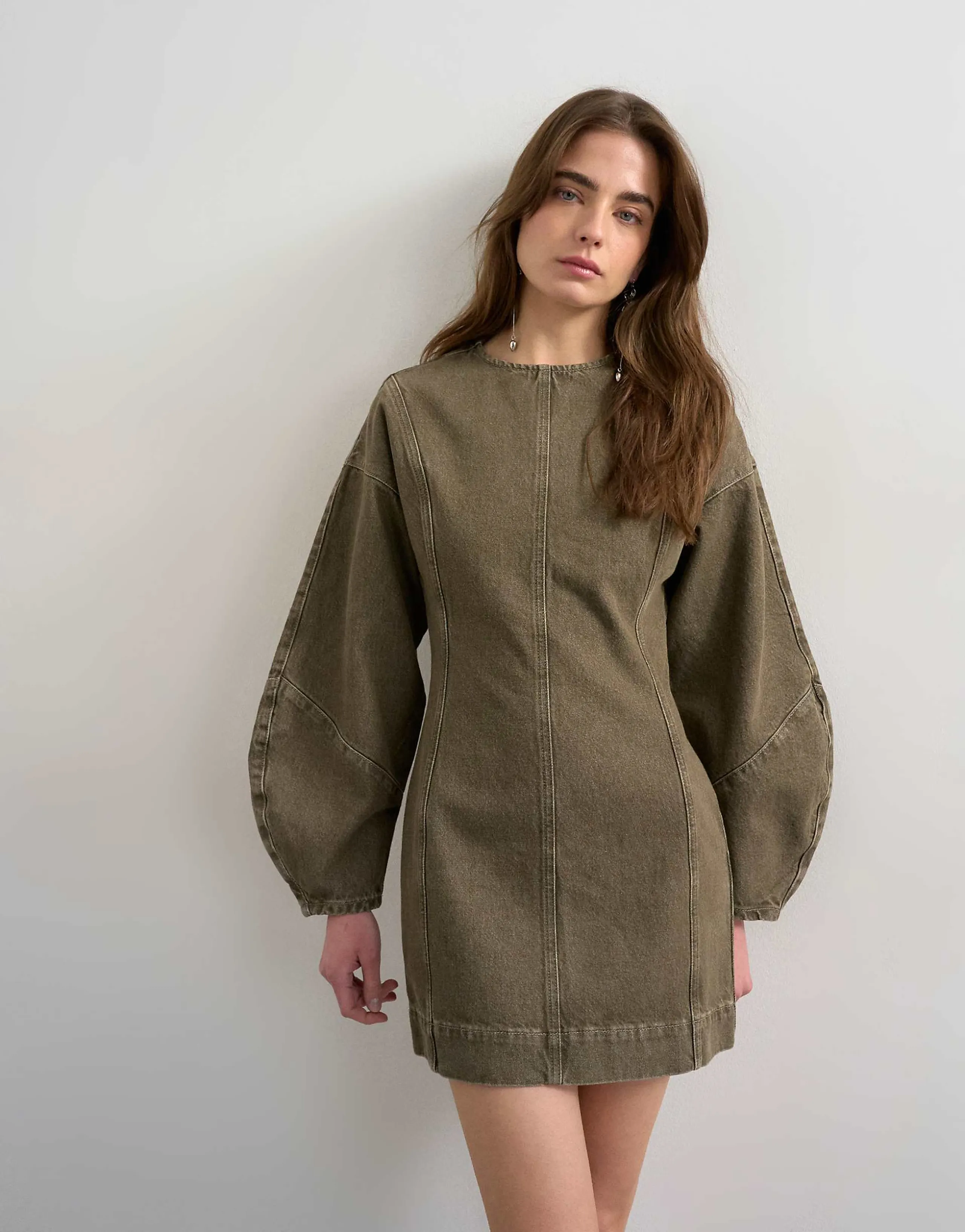 Topshop denim ovoid sleeves mini dress in khaki green