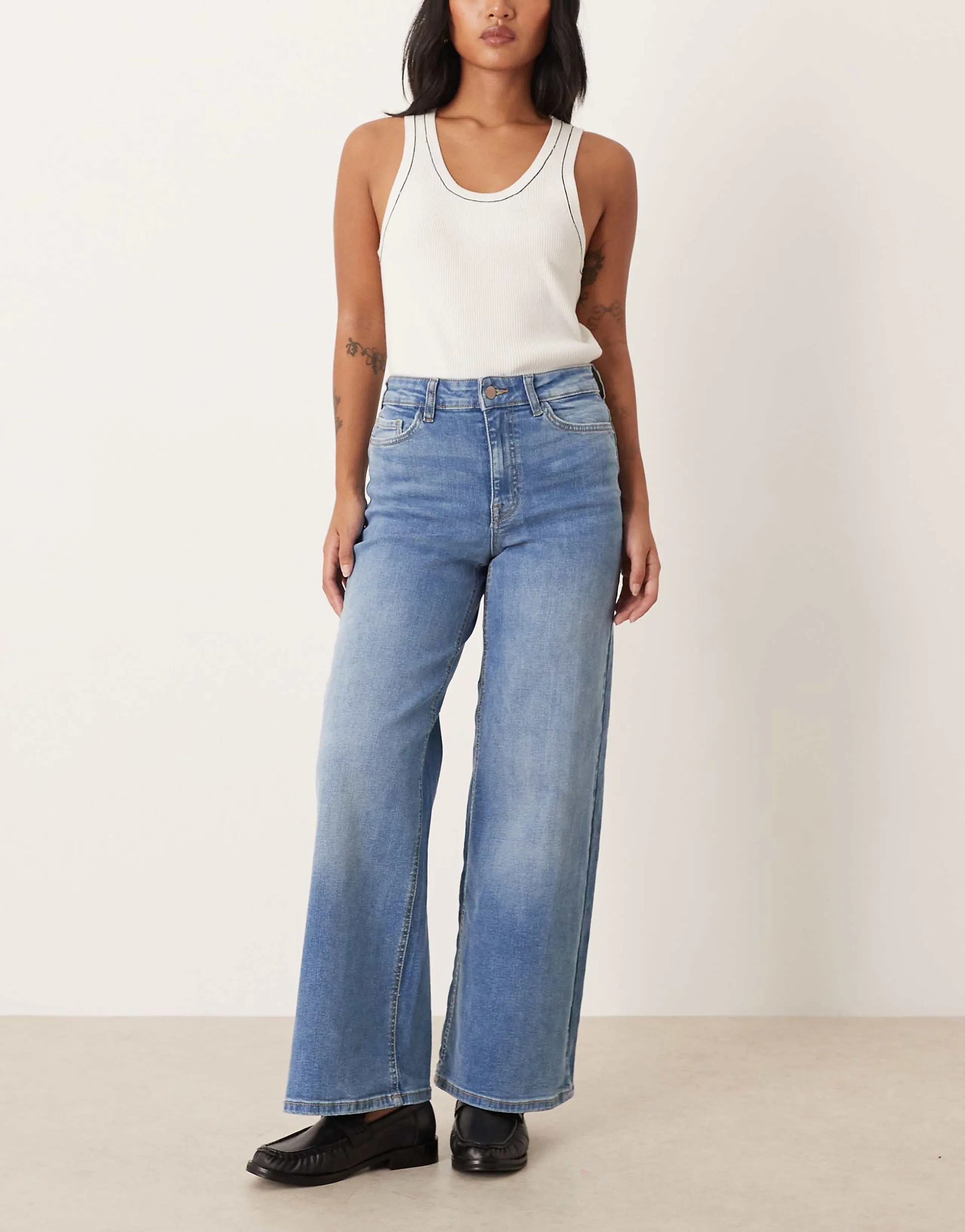 JDY Petite Felina high waist wide leg jeans in medium blue denim