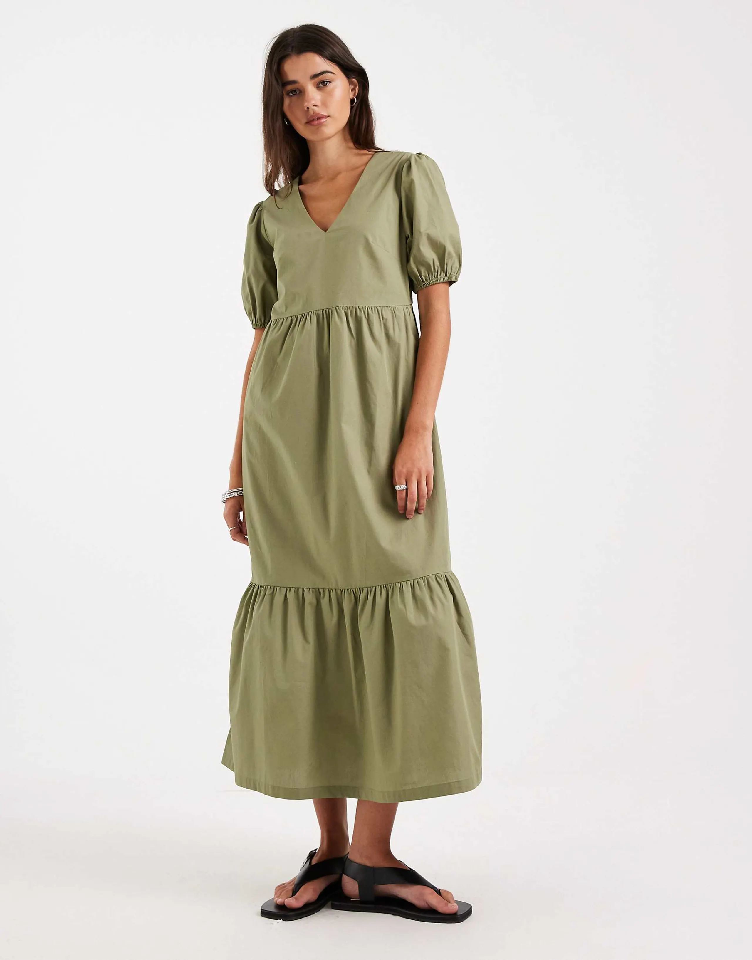 Threadbare poplin v-neck puff sleeve midi dress in olive green