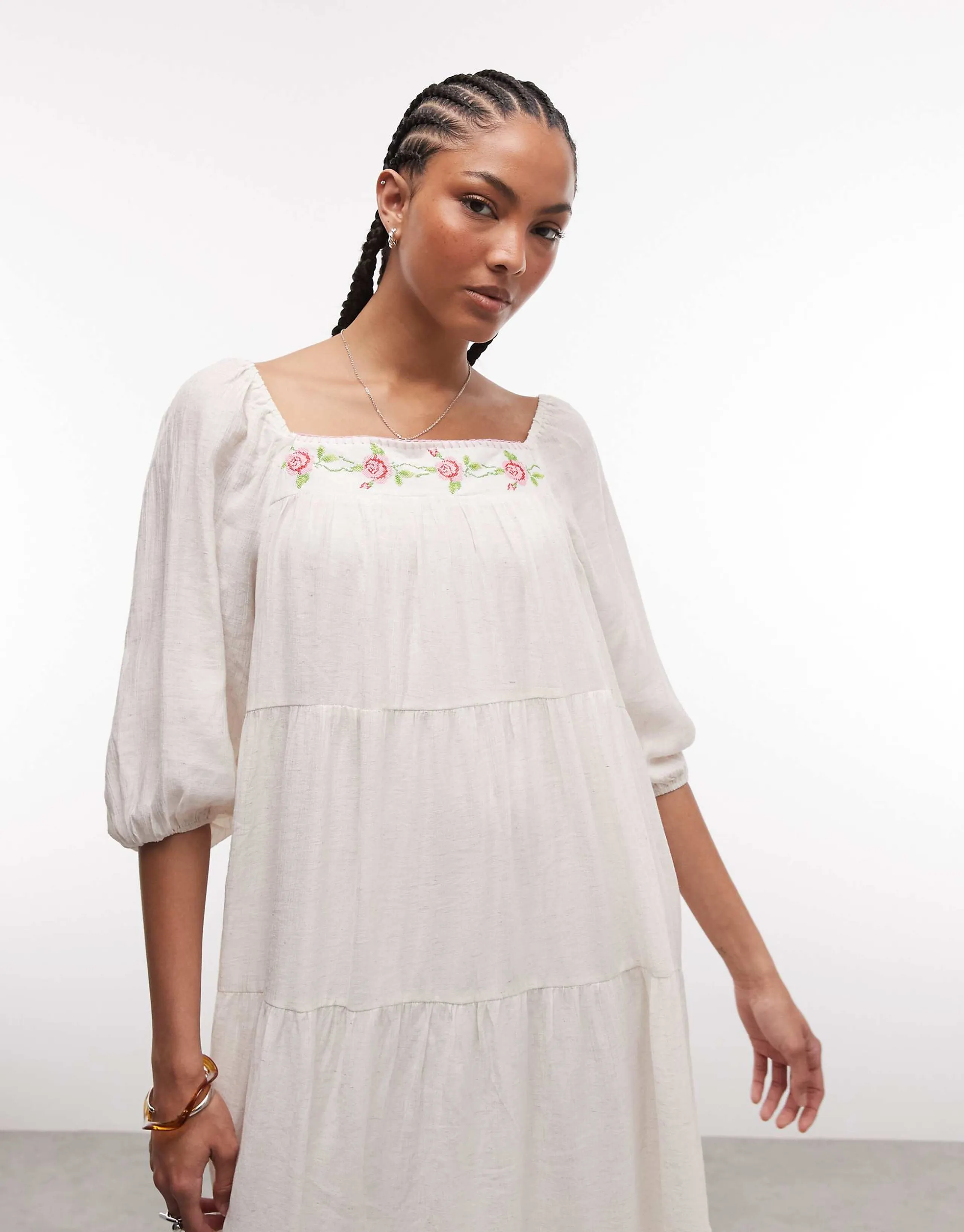 Daisy Street chuck on smock dress with embroidery floral in white