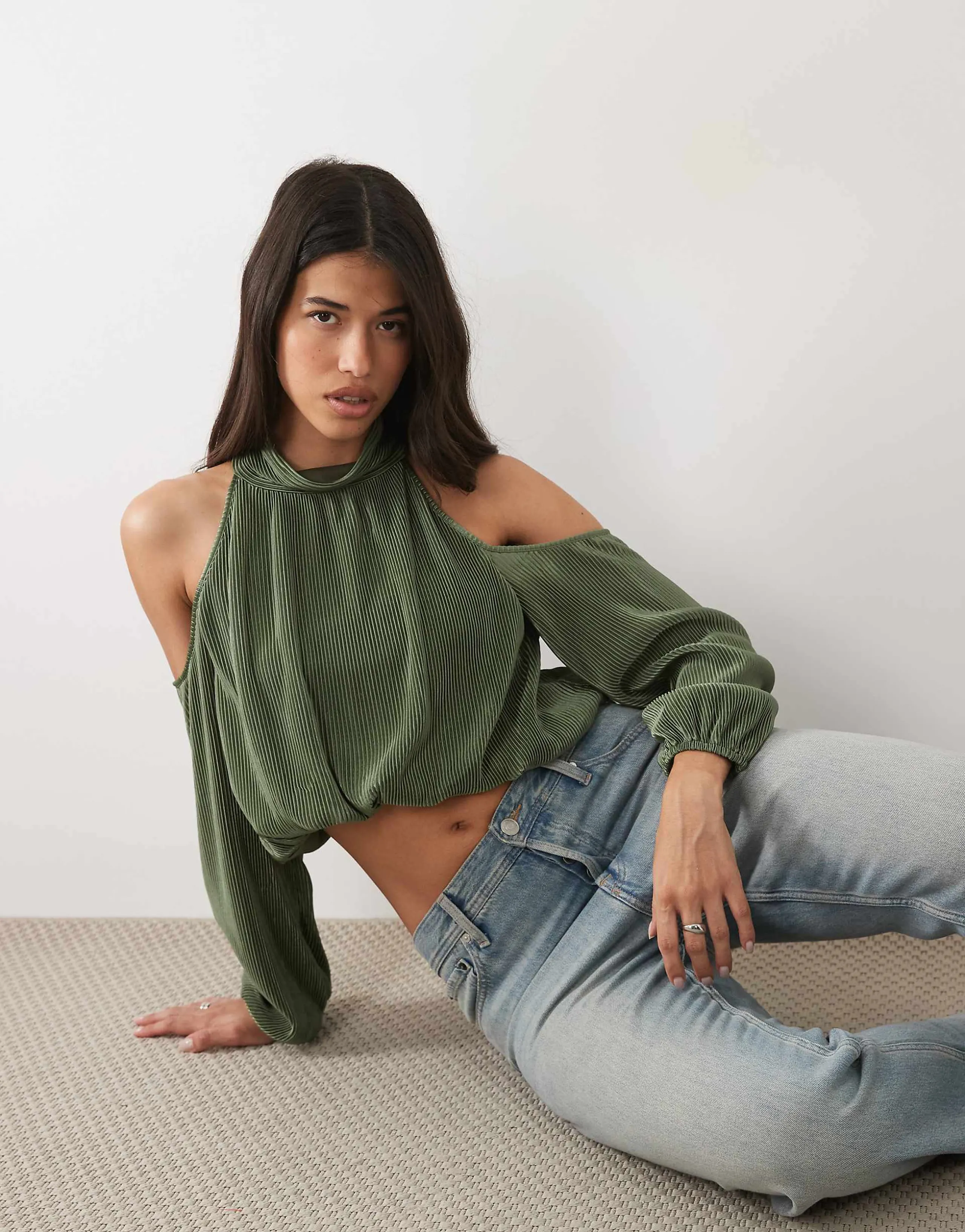 ASOS DESIGN cold shoulder plisse bubble top in khaki