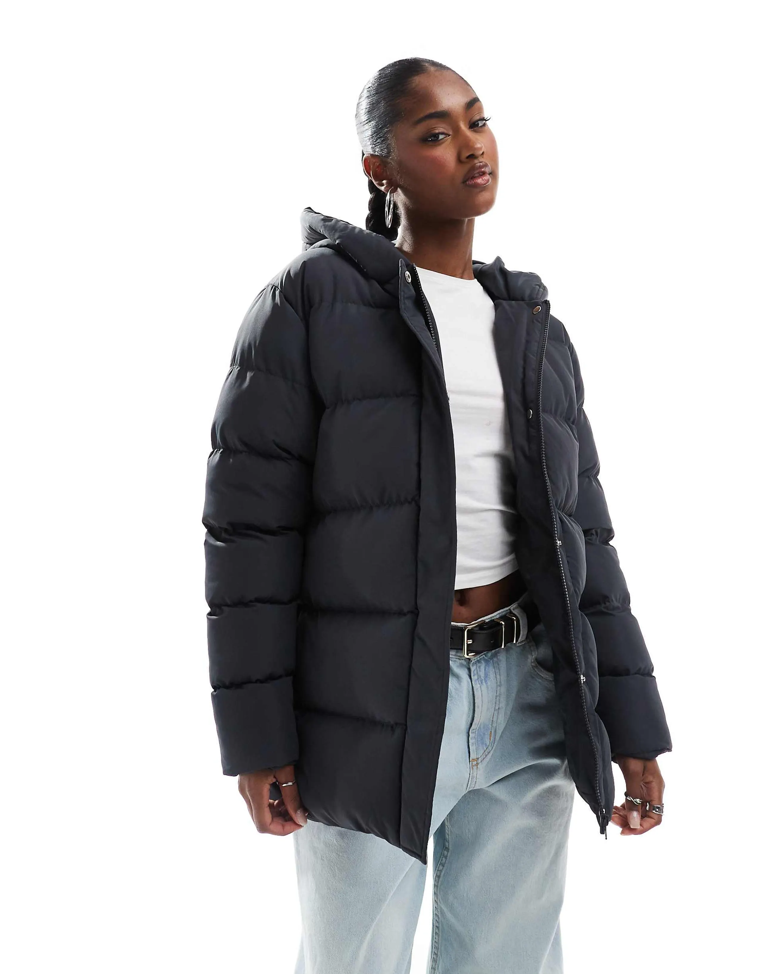 Threadbare mid length puffer jacket in charcoal