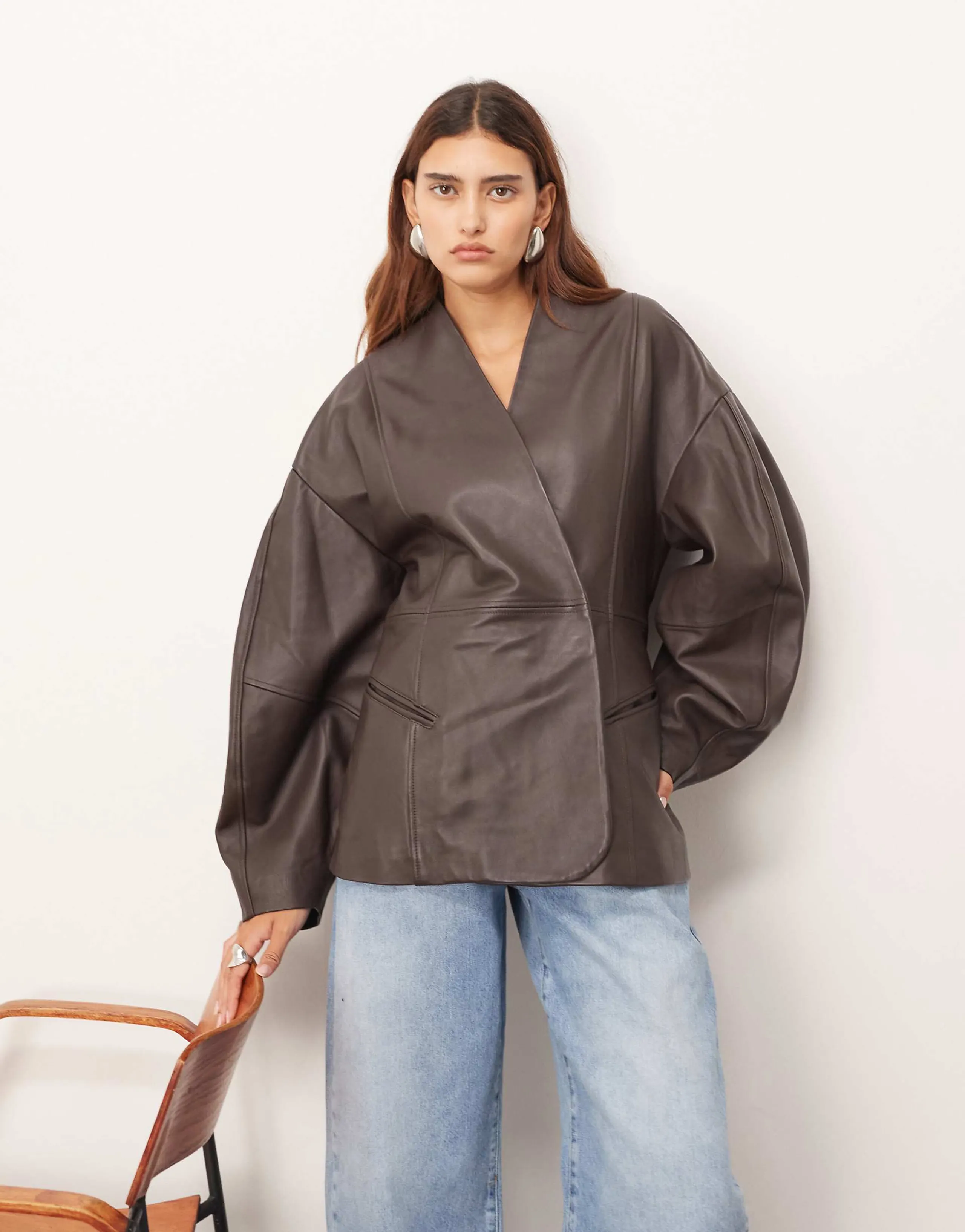 ARRANGE soft faux leather jacket with cinched waist and ovoid sleeves in chocolate