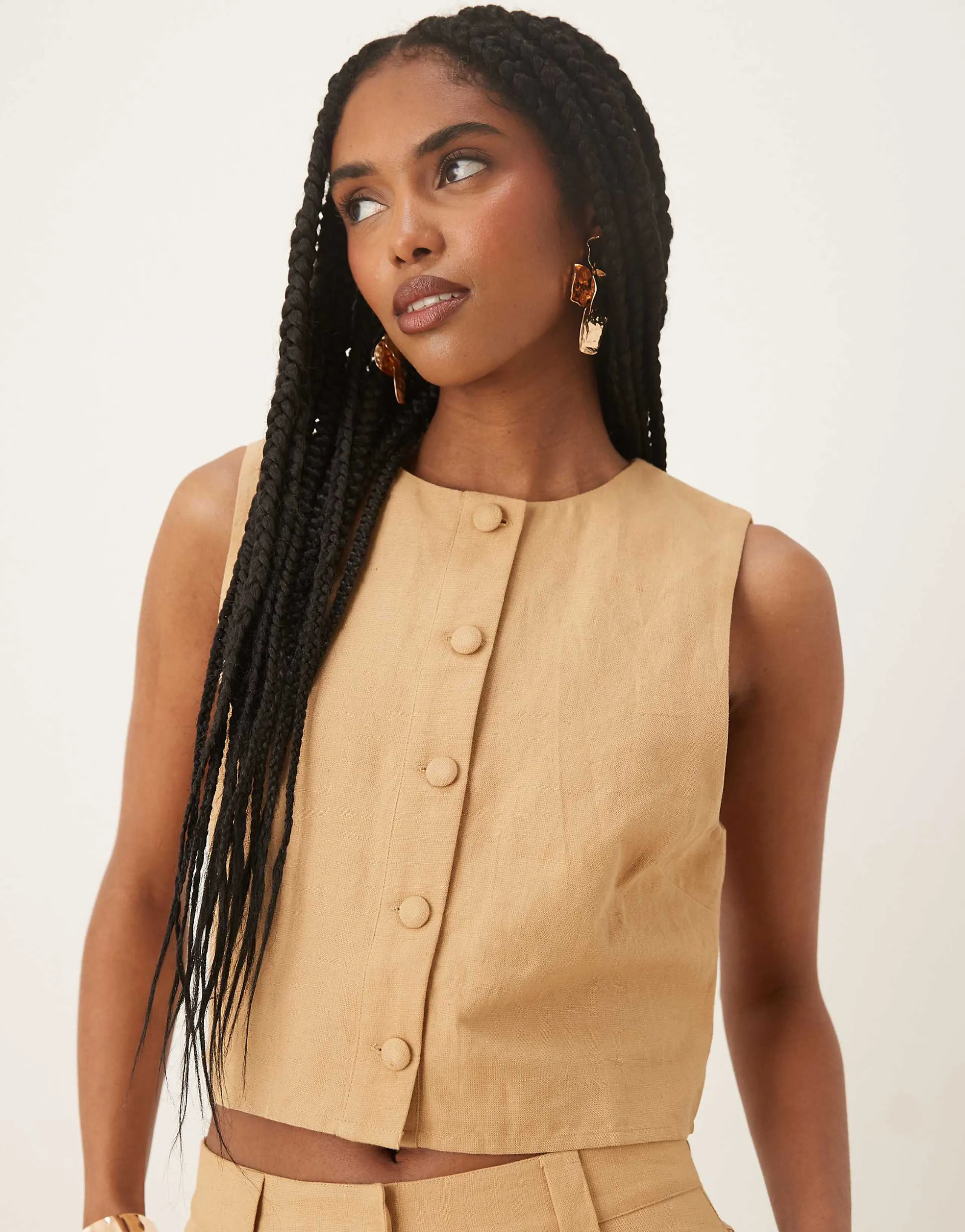 Pretty Lavish cropped linen button top in camel - part of a set