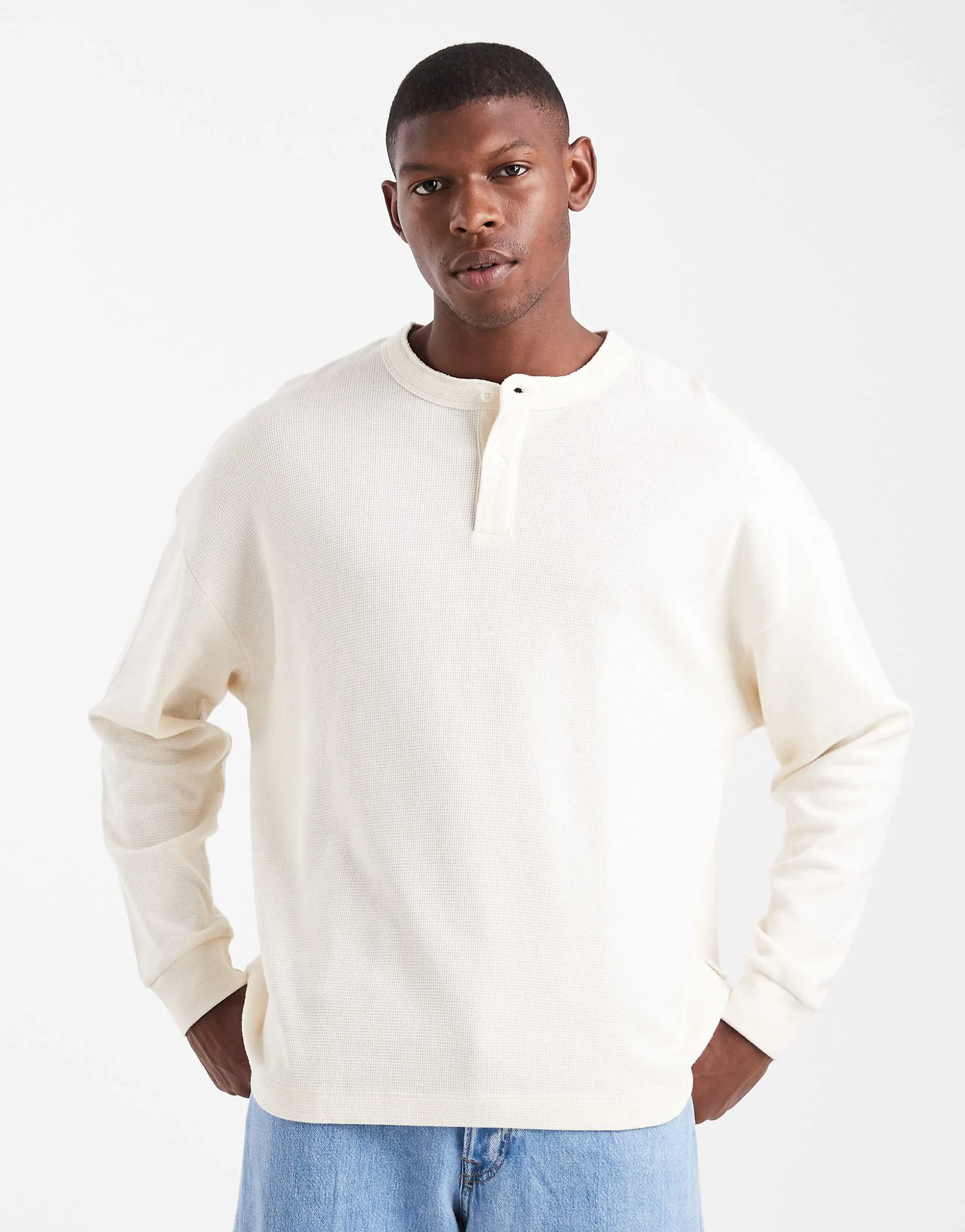 Jack & Jones oversized waffle knit long sleeve henley neck t-shirt in off white