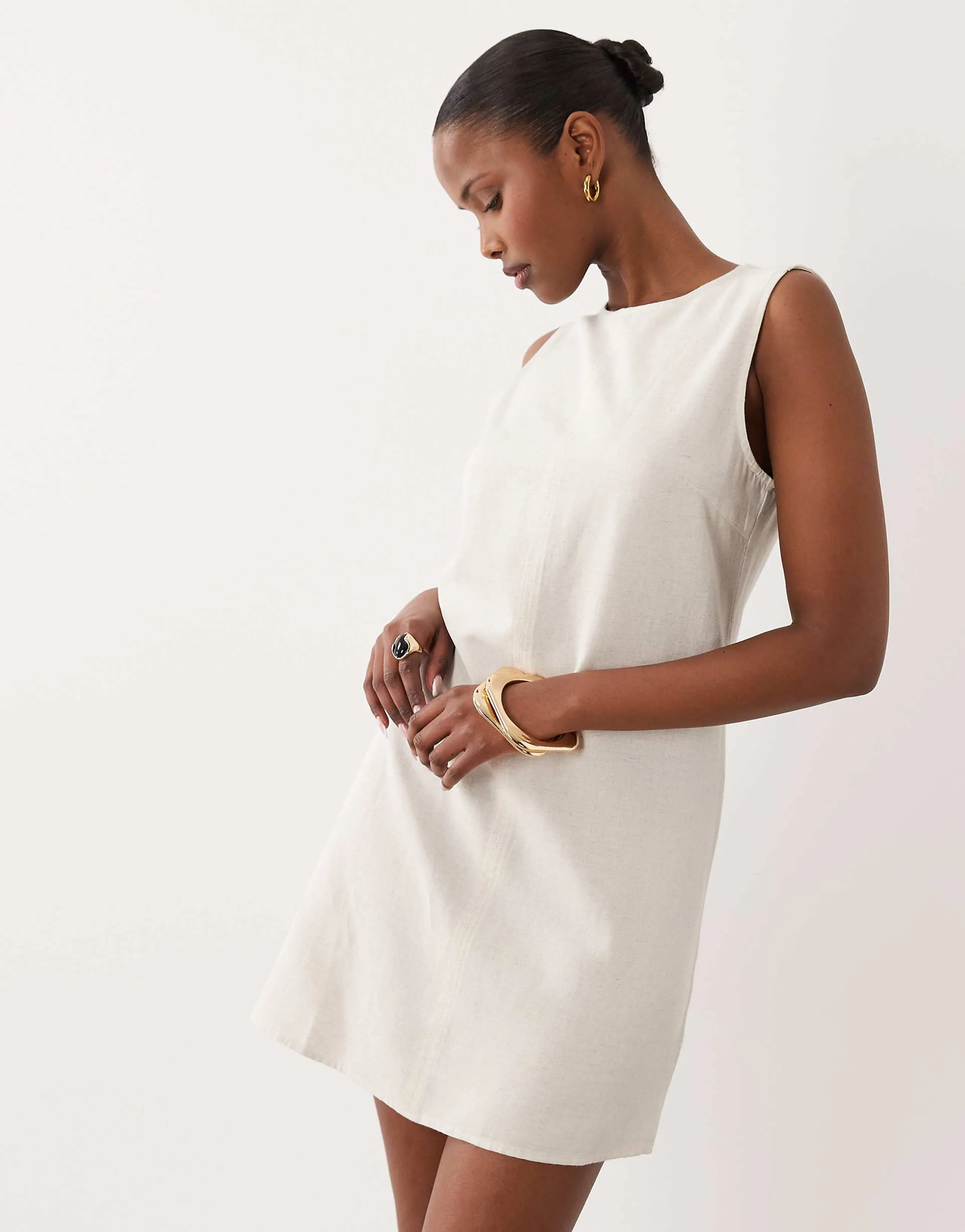 VILA linen touch sleeveless mini dress in super light gray melange