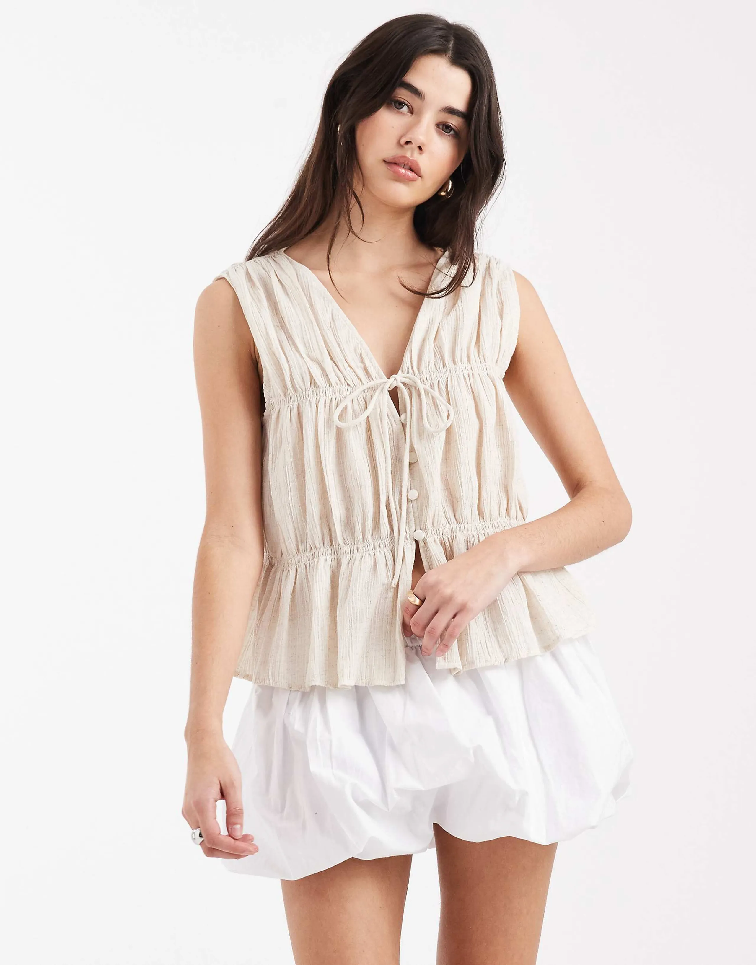 ASOS DESIGN crinkle tie front vest in cream