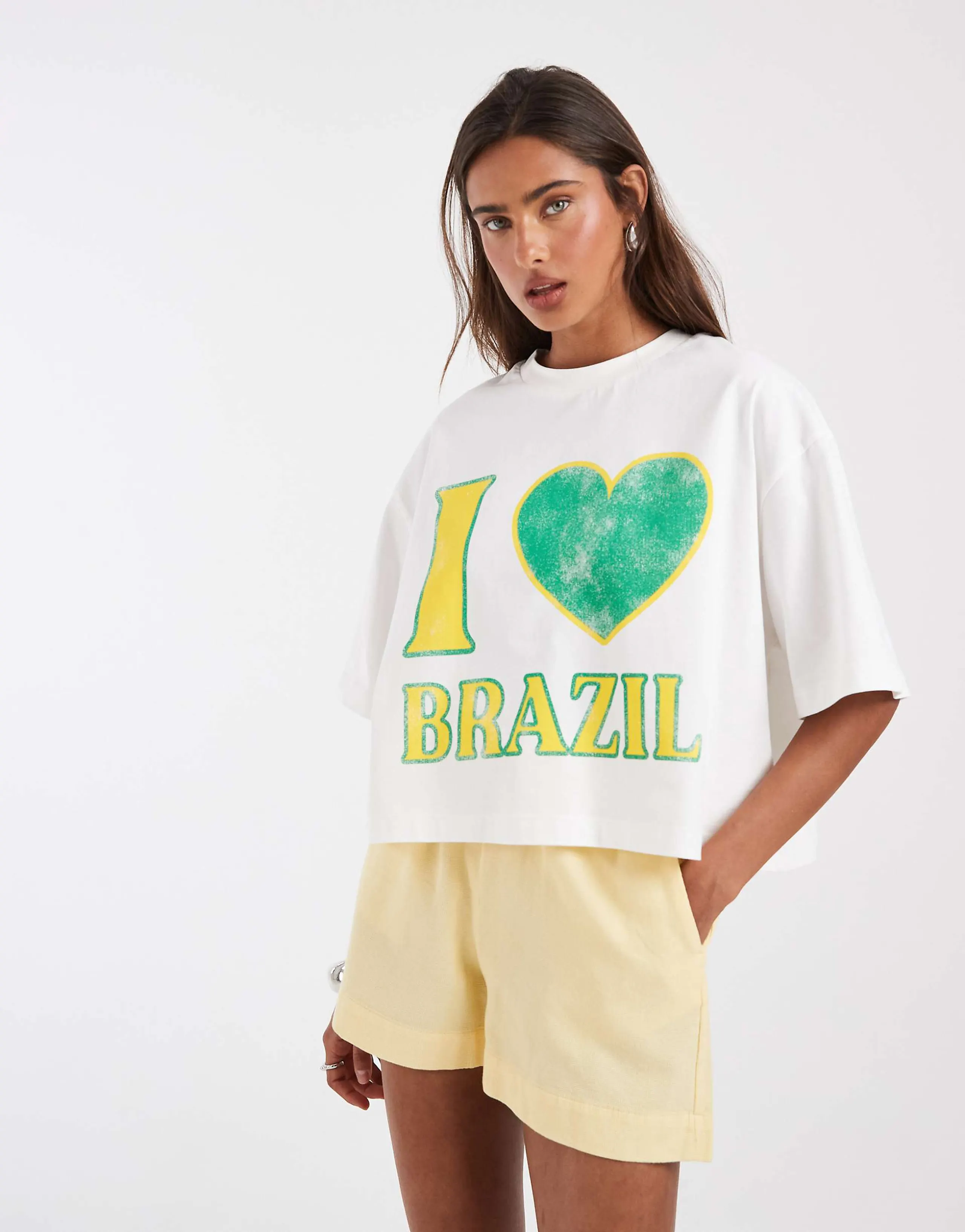 ASOS DESIGN Boxy crop tee with I love Brazil graphic in white