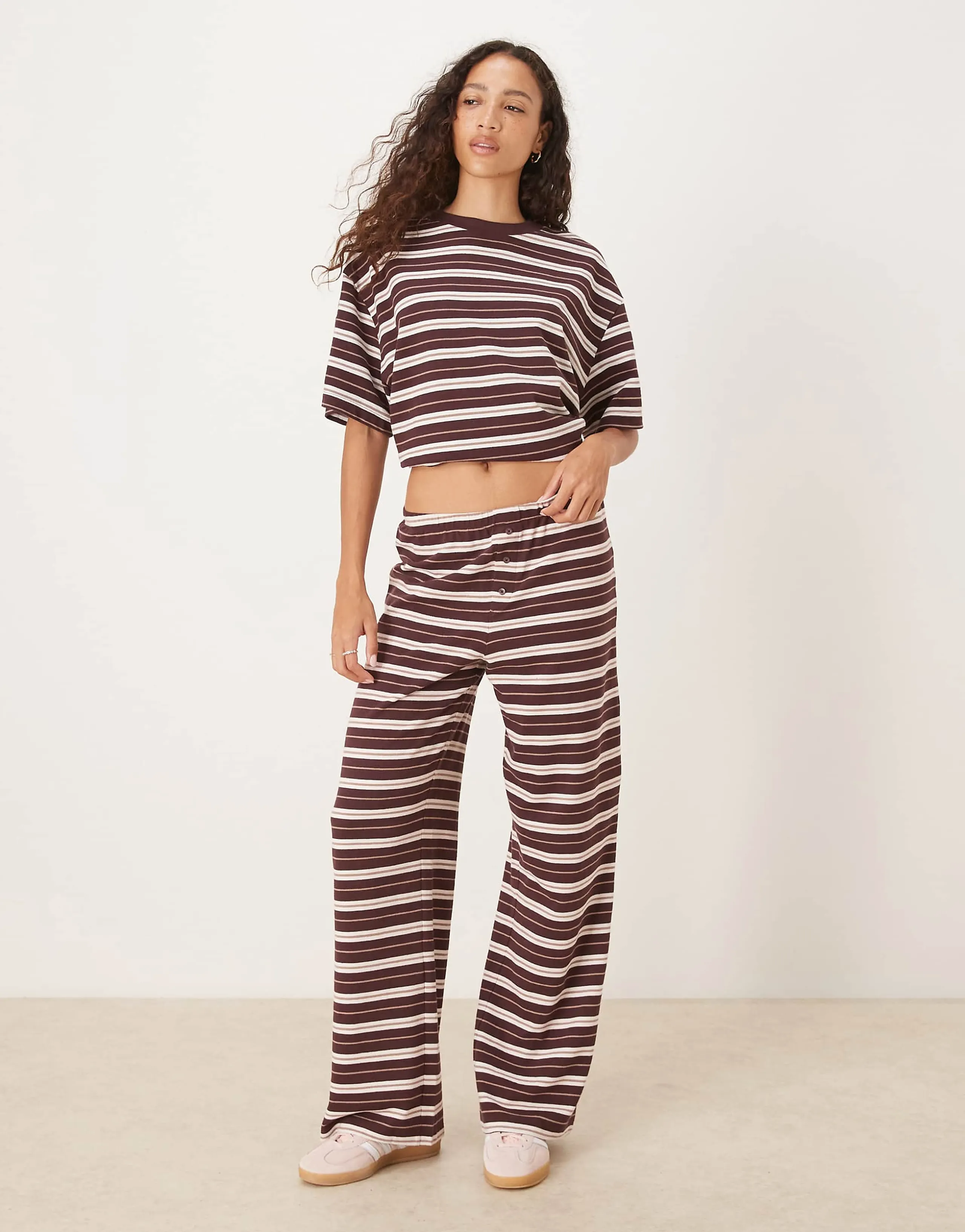 ASOS DESIGN textured wide leg pants in chocolate stripes - part of a set