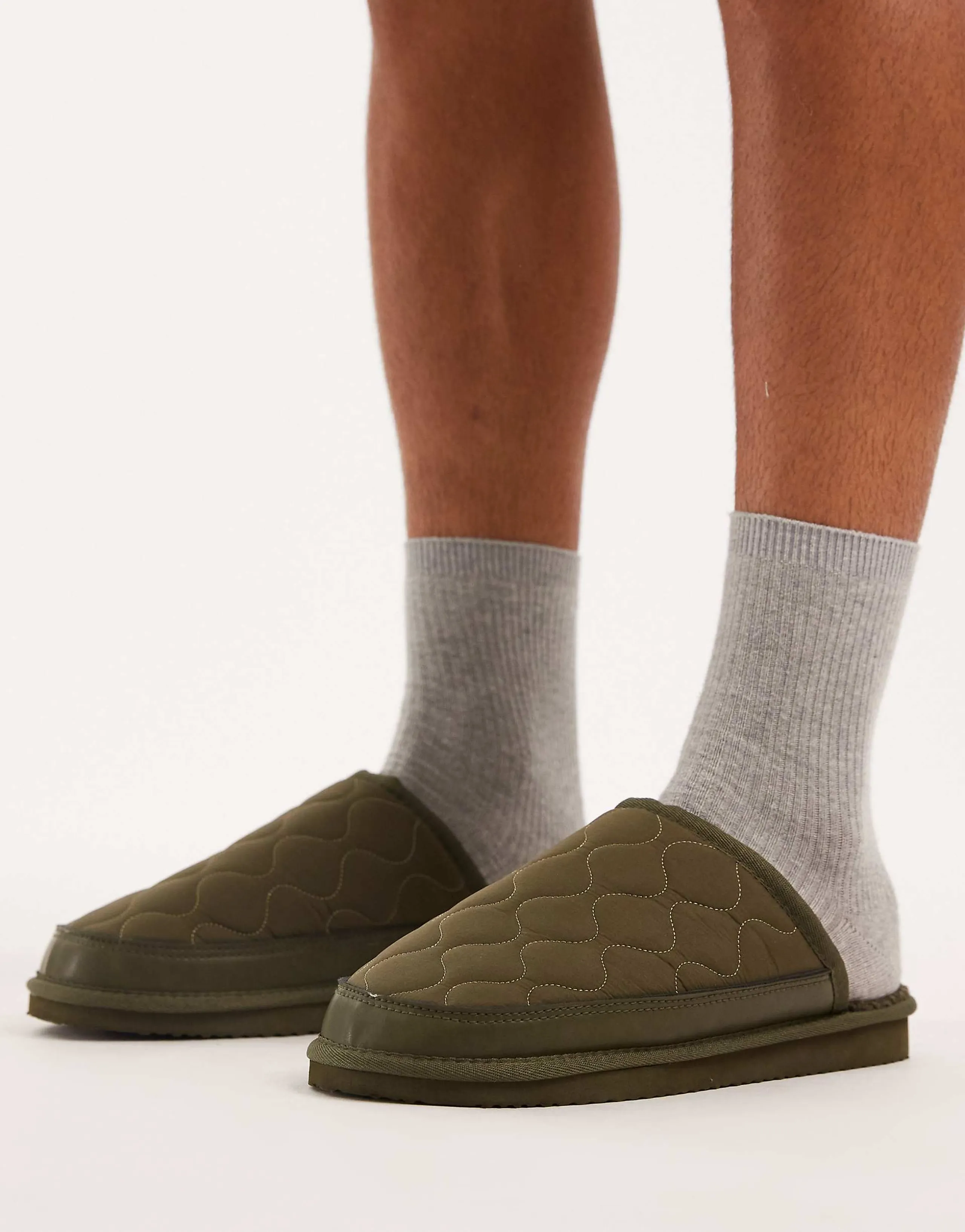 ASOS DESIGN mule slippers in khaki nylon with borg lining