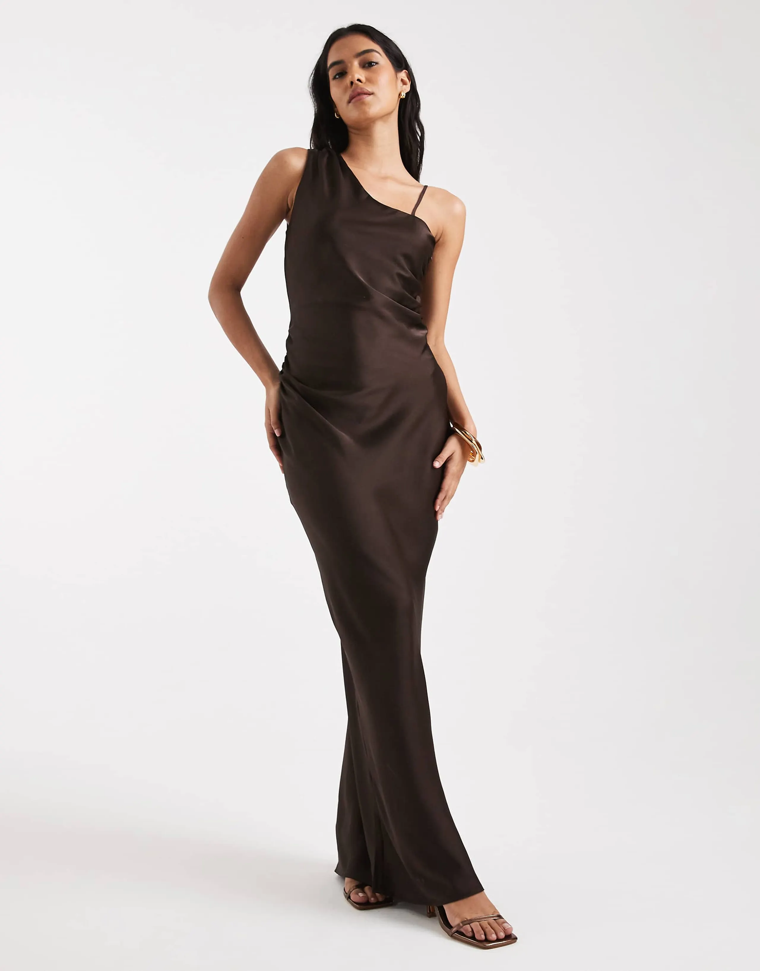 Vero Moda asymmetric shoulder detailing ruched satin maxi dress in chocolate