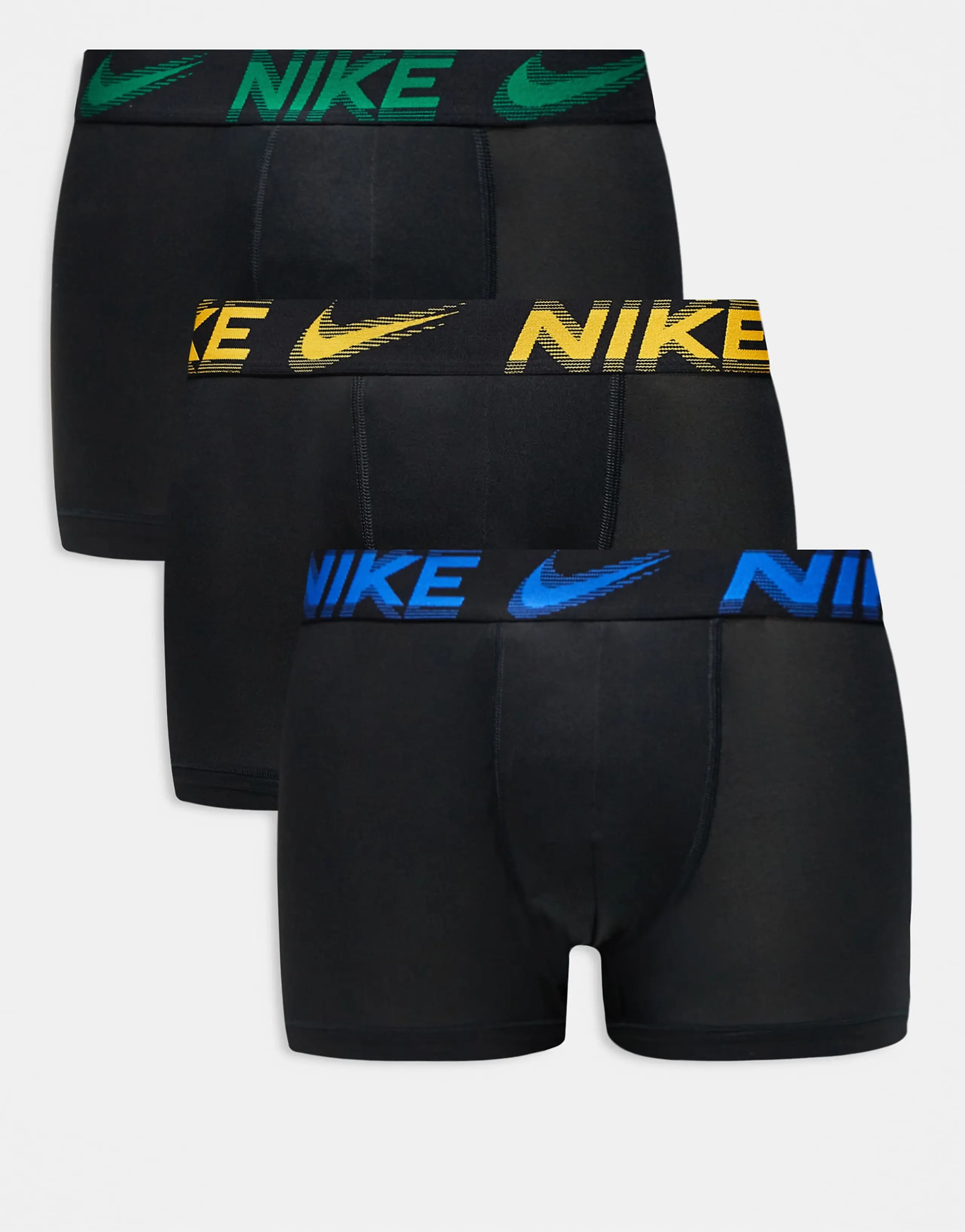 Nike Essential Microfiber 3 pack boxer briefs in black with yellow/green/blue logo waistbands