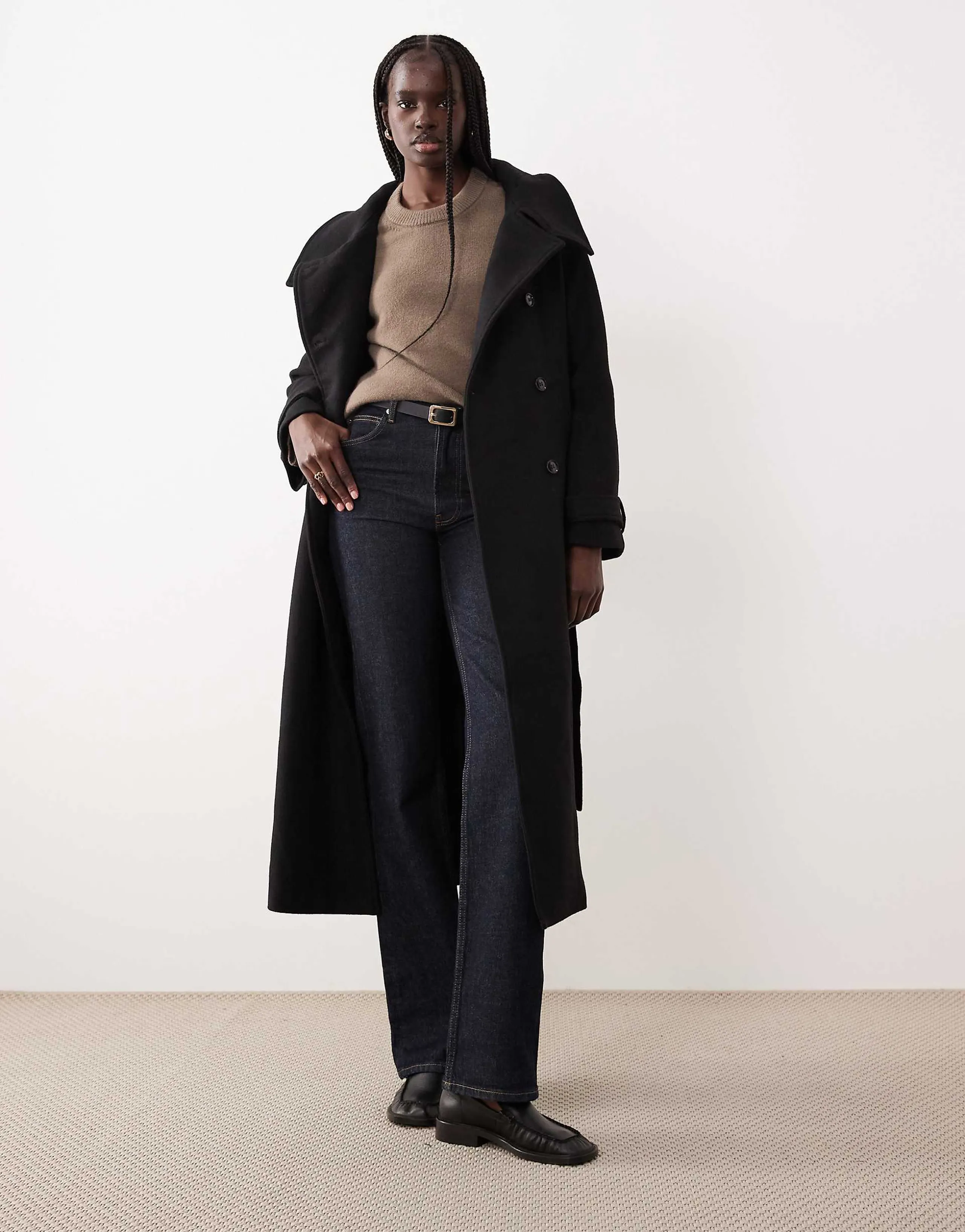 Gina Tricot wool belted midaxi coat with funnel neck detail in black