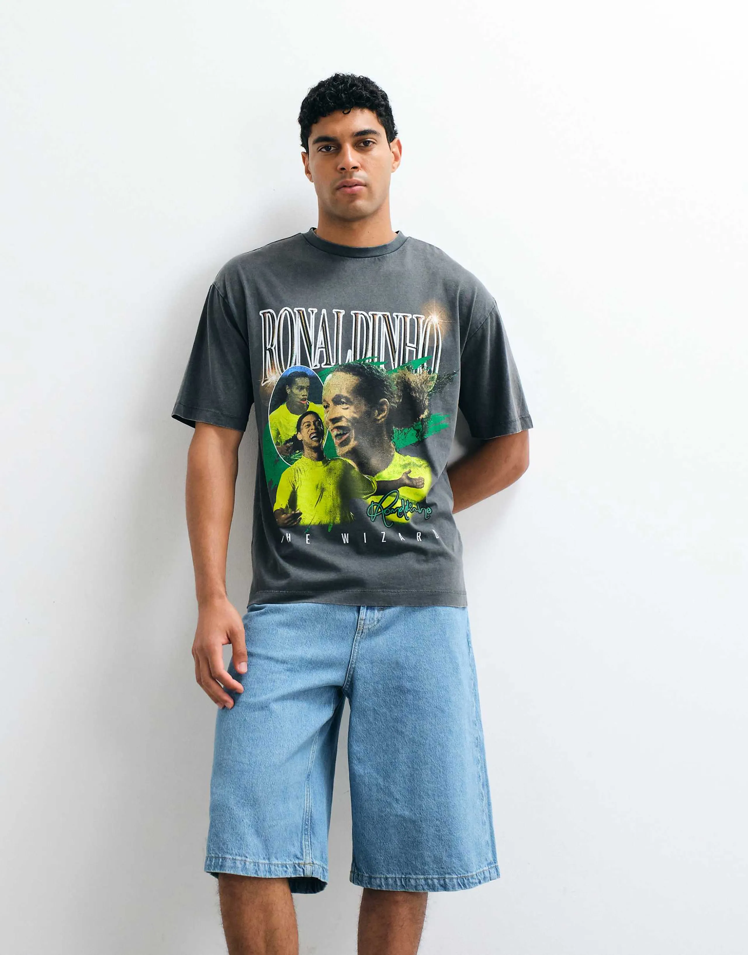 ASOS DESIGN oversized tee with Ronaldinho print in washed black