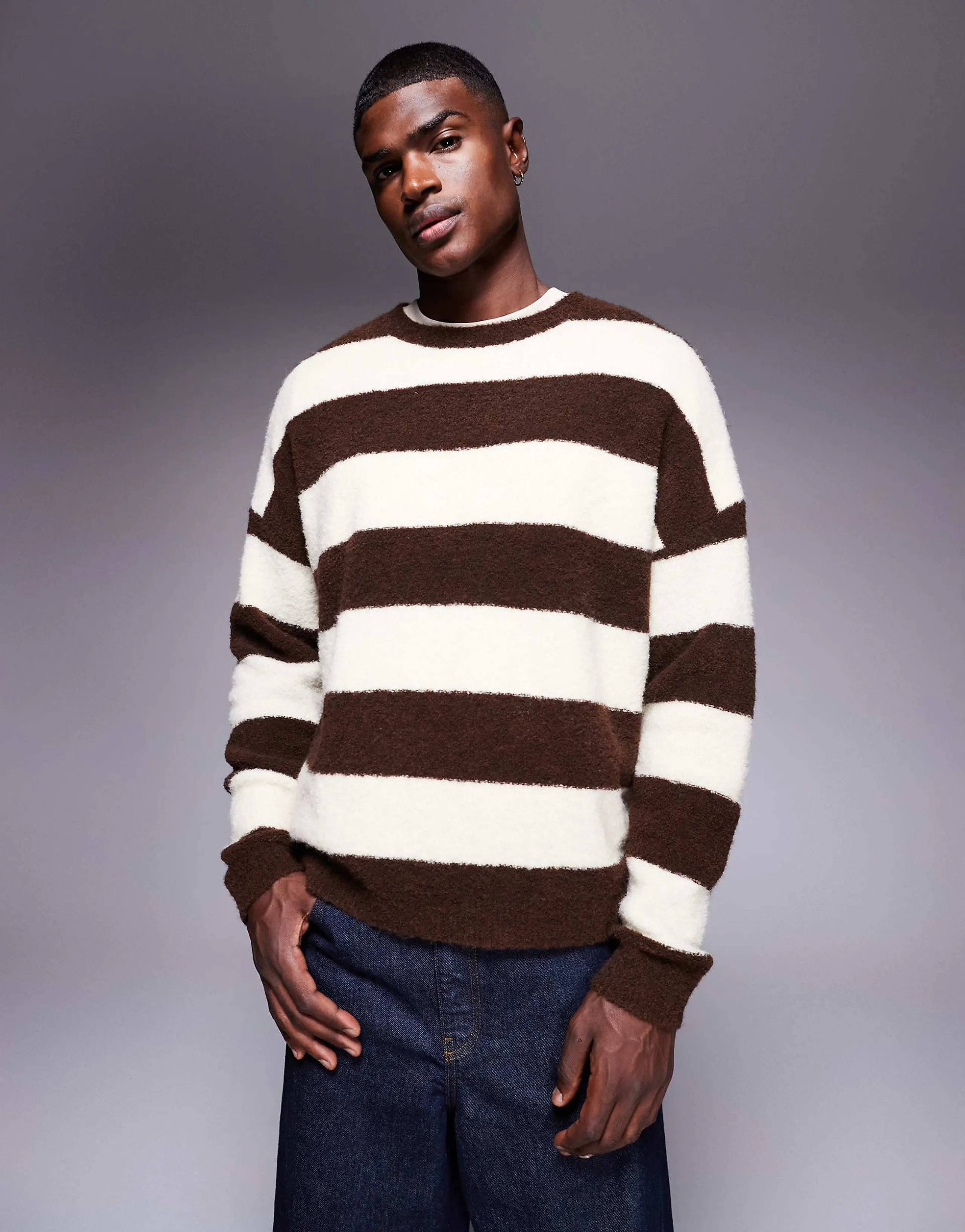 ASOS DESIGN oversized knit fluffy stripe sweater in brown and ecru
