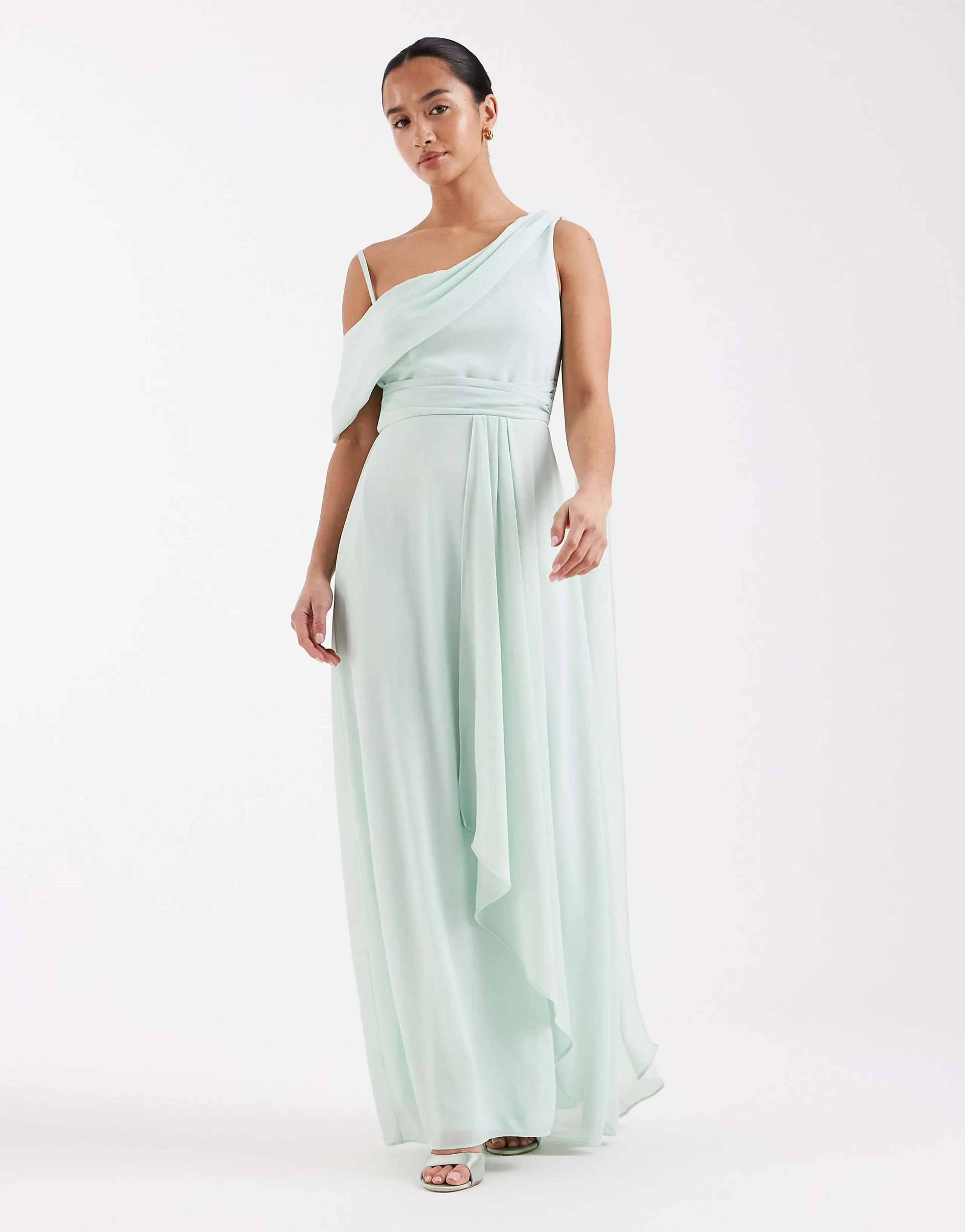 TFNC Petite Bridesmaid chiffon fallen shoulder maxi dress in aqua