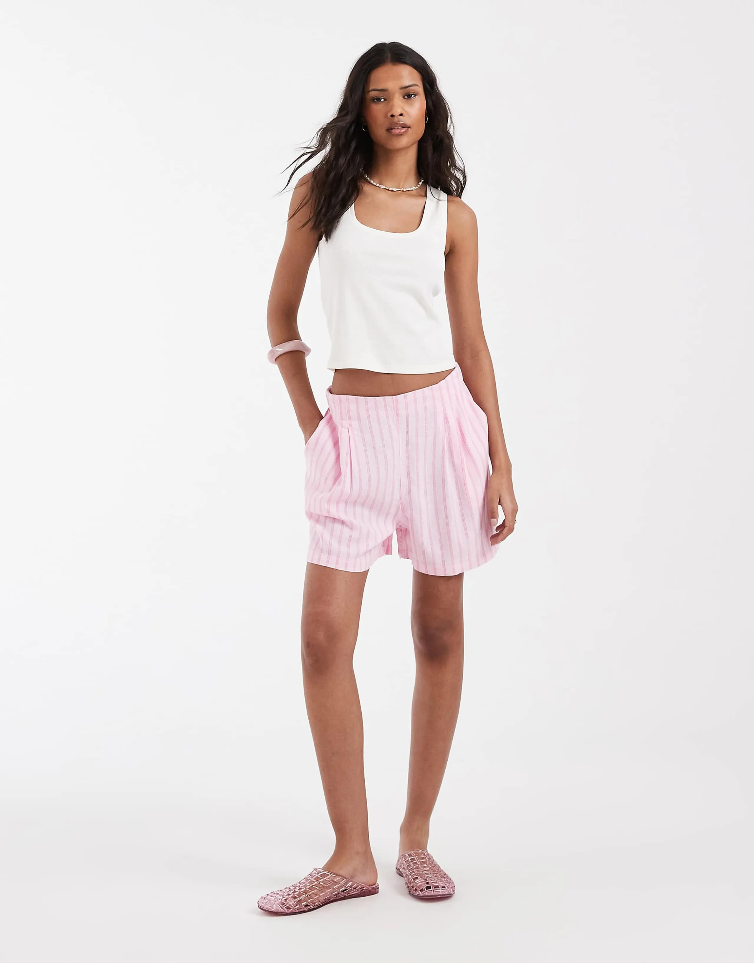 JJXX linen blend striped shorts in pink