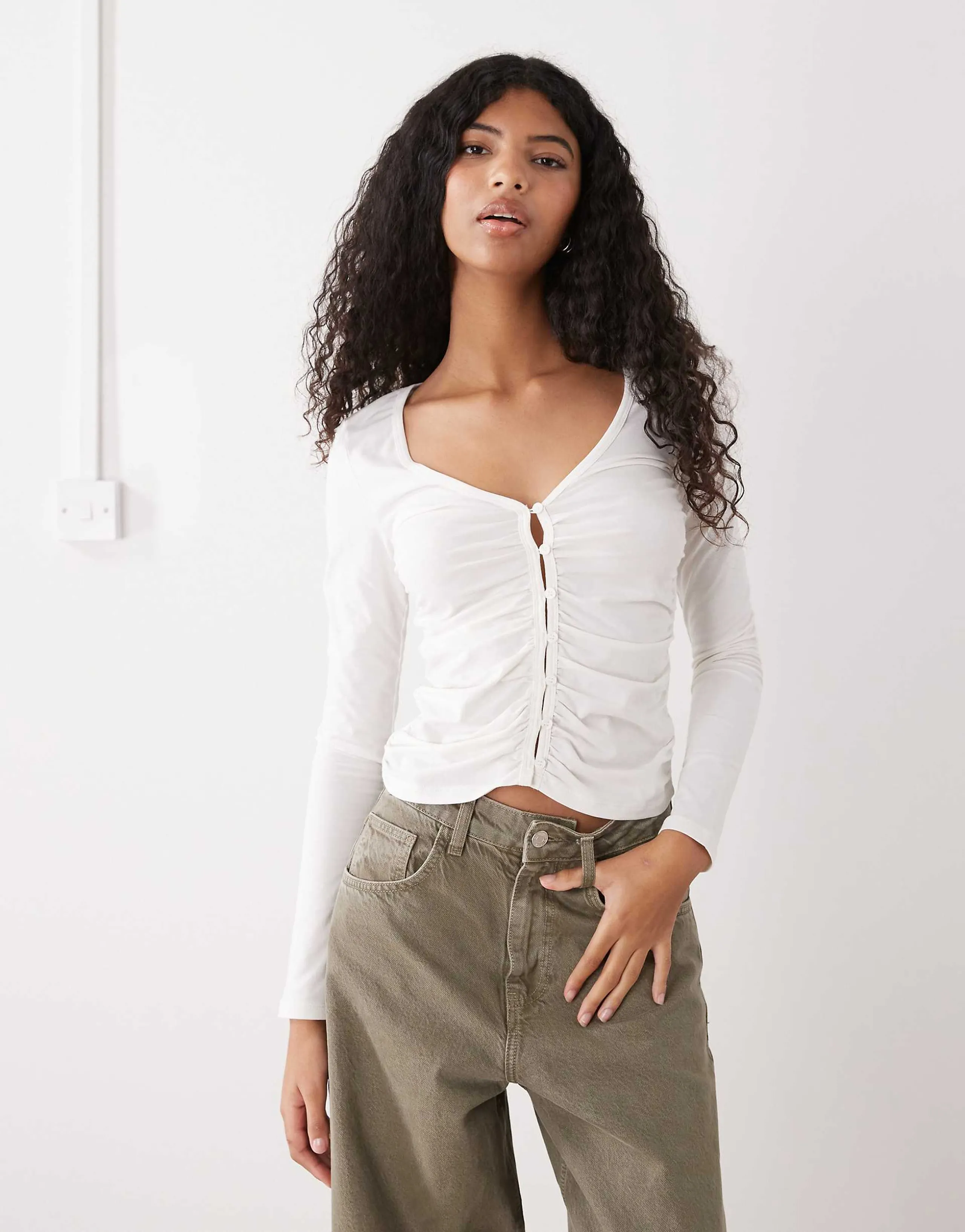 Monki ruched open button front jersey top in white
