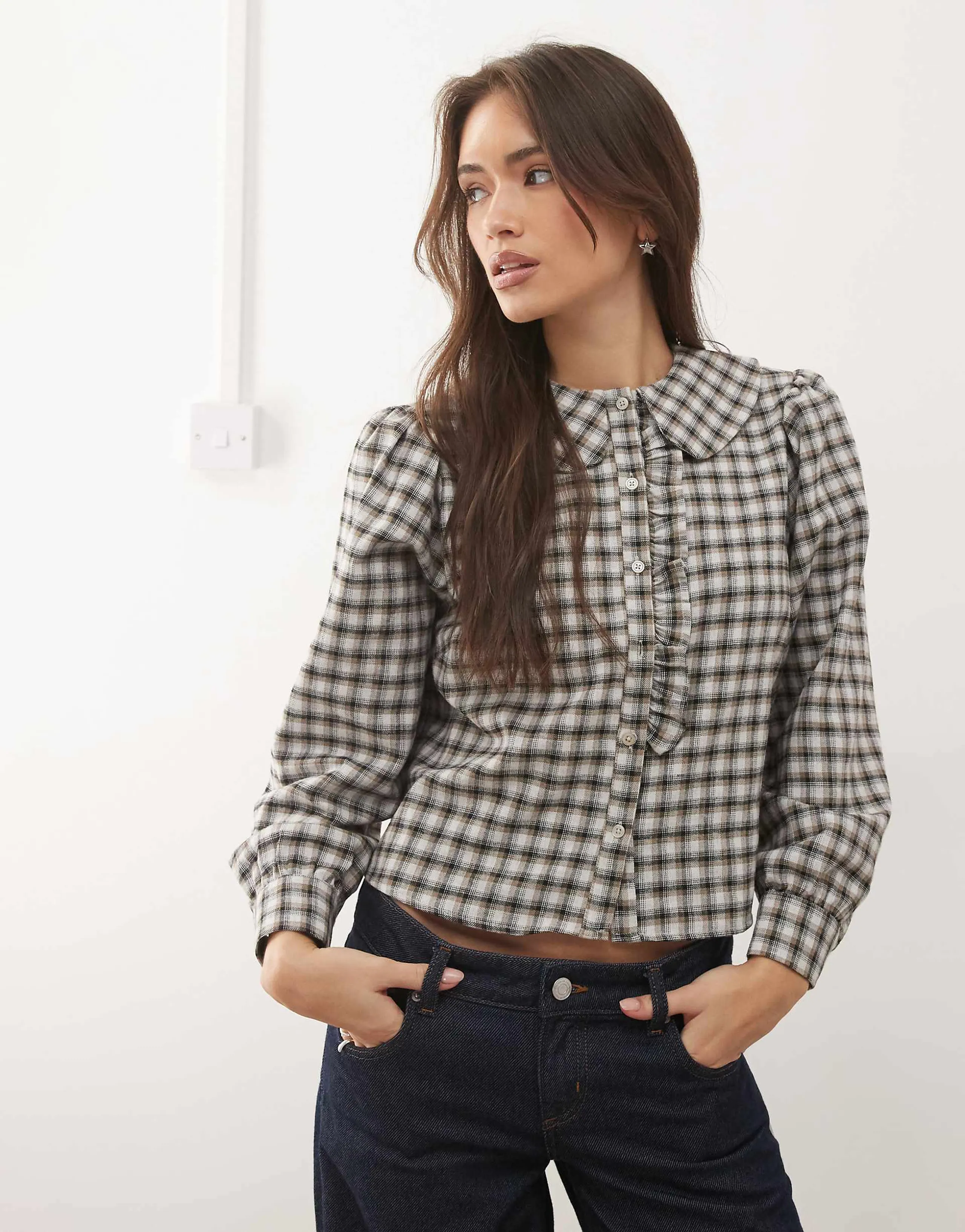 Reclaimed Vintage boxy shirt with peter pan collar and ruffle in brown and blue plaid
