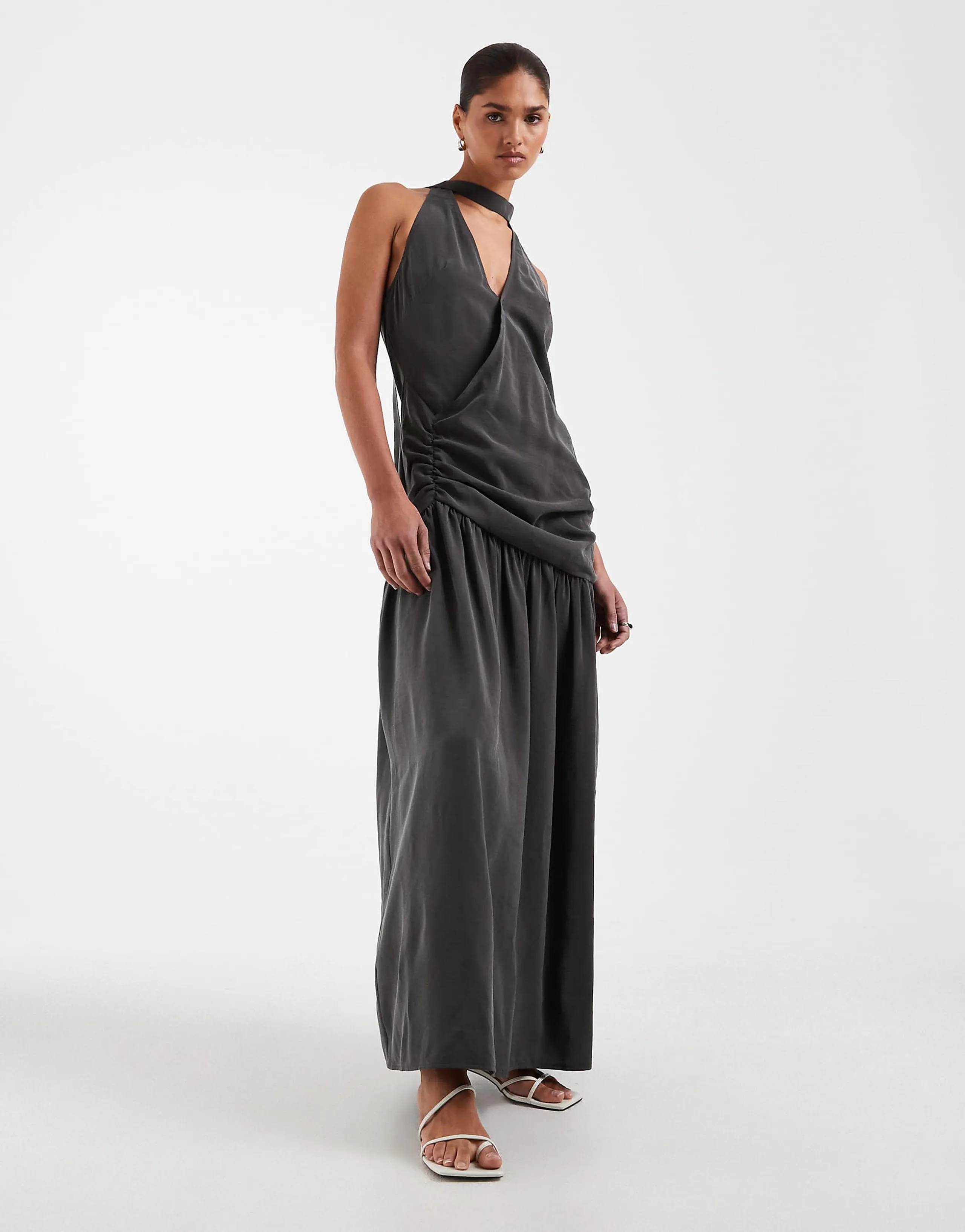 ASOS DESIGN halterneck scarf detail drop waist maxi dress in charcoal