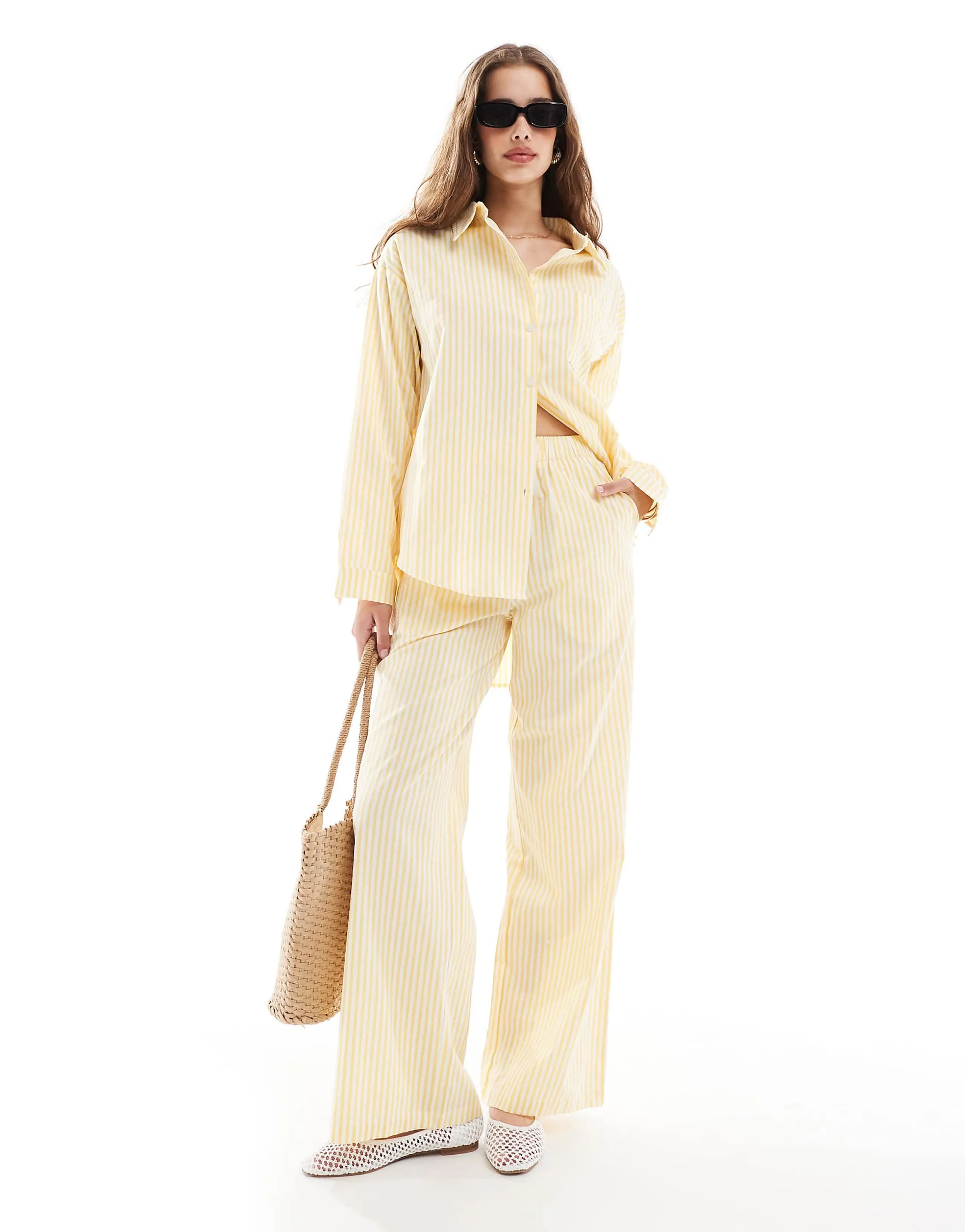 Daisy Street pull on low rise straight leg pants in yellow stripe - part of a set
