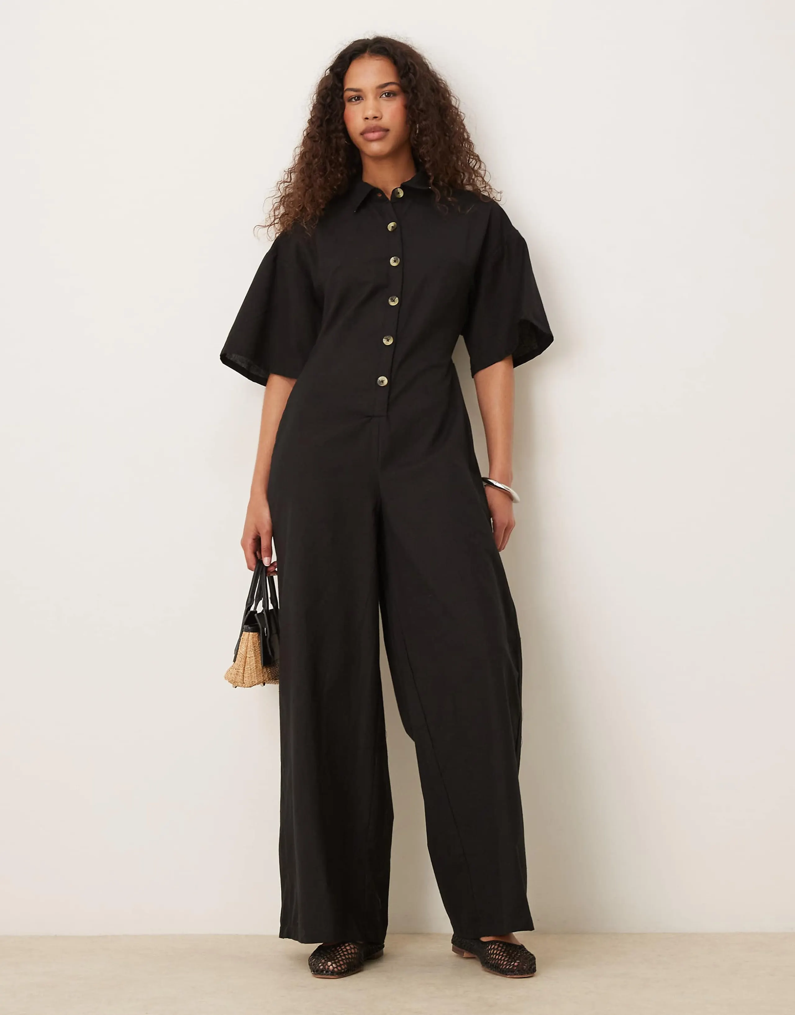 ASOS DESIGN button down collared wide leg jumpsuit in black