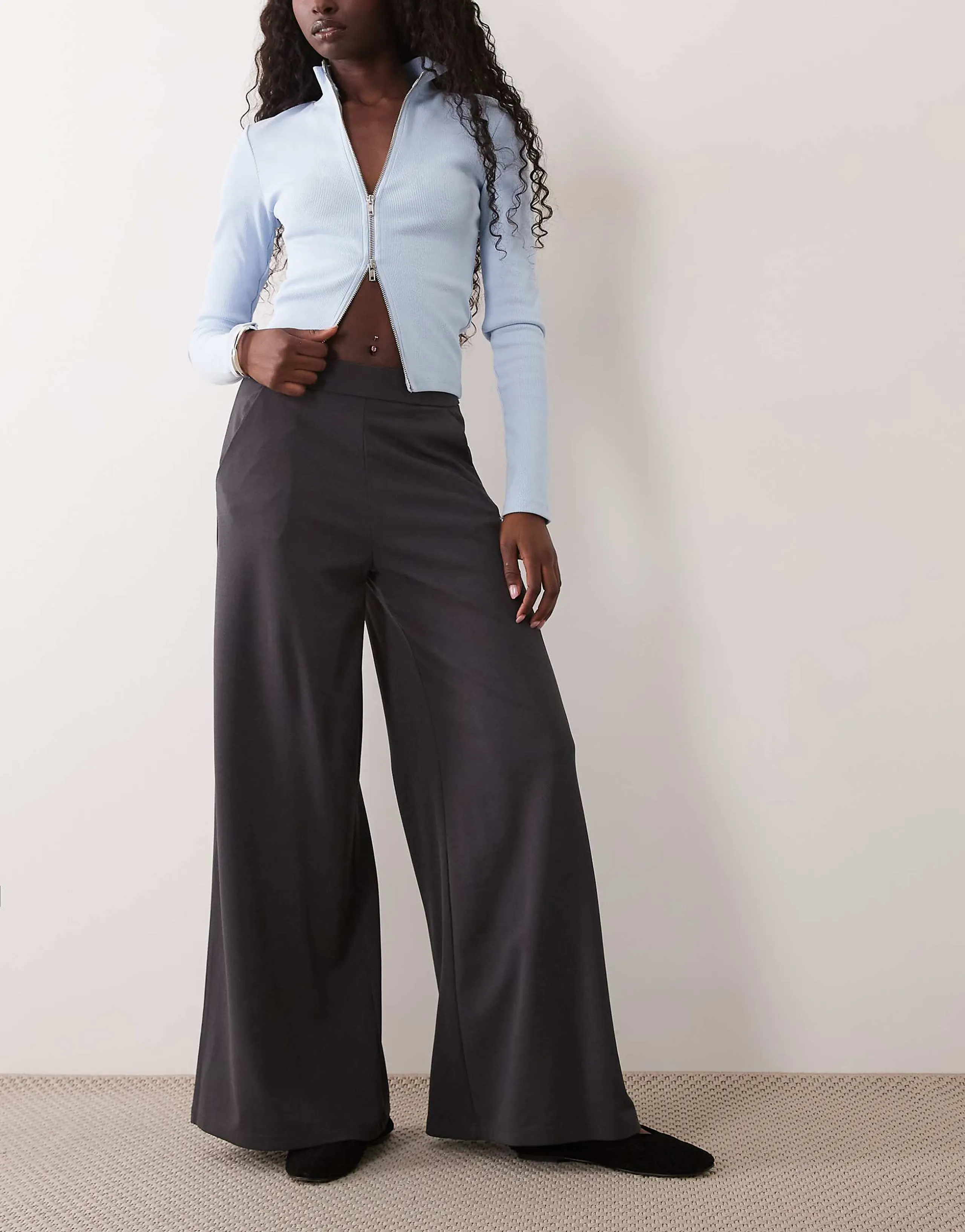 JDY high rise wide leg tailored pants in dark gray