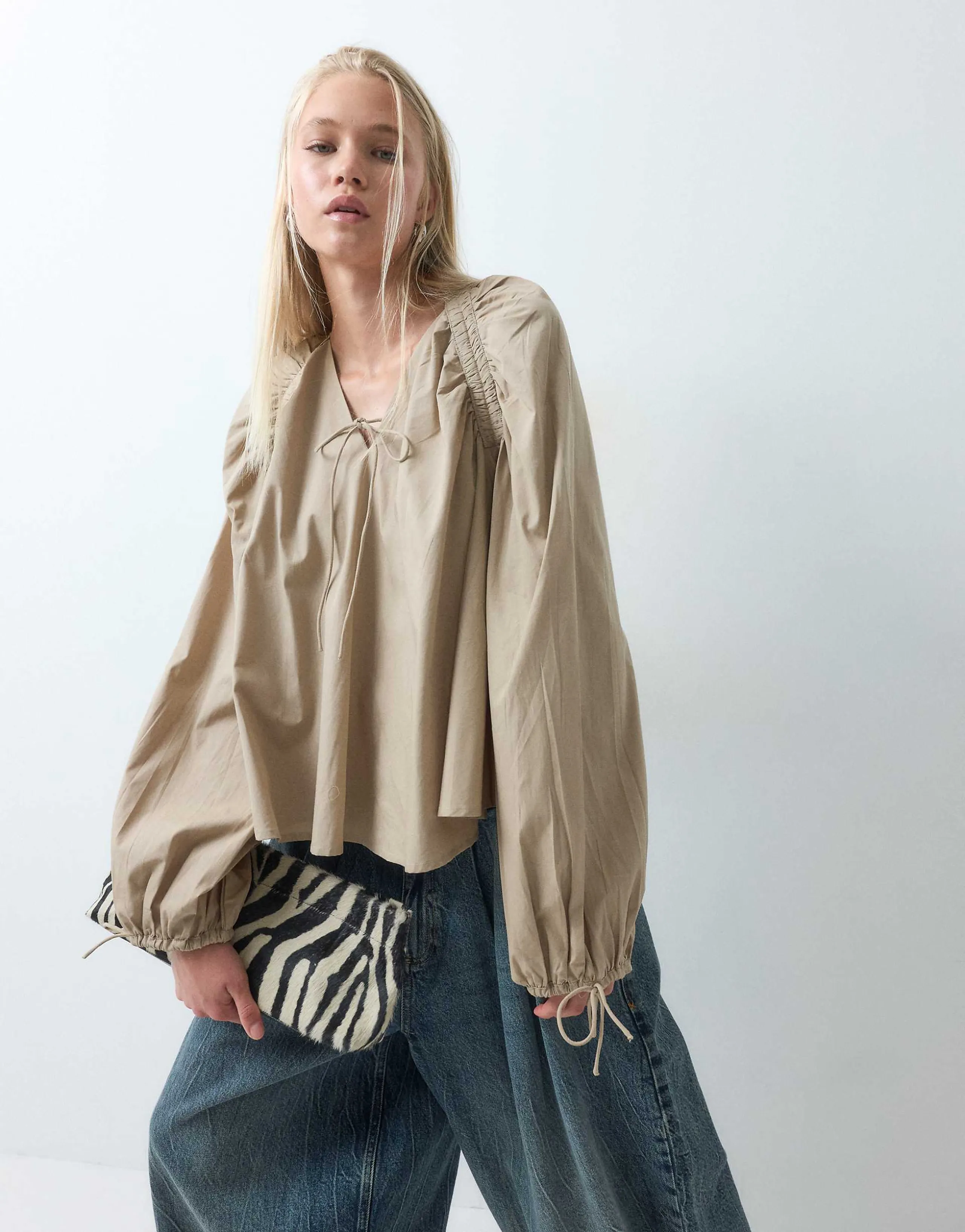 ASOS DESIGN ruched detail long sleeve top in stone