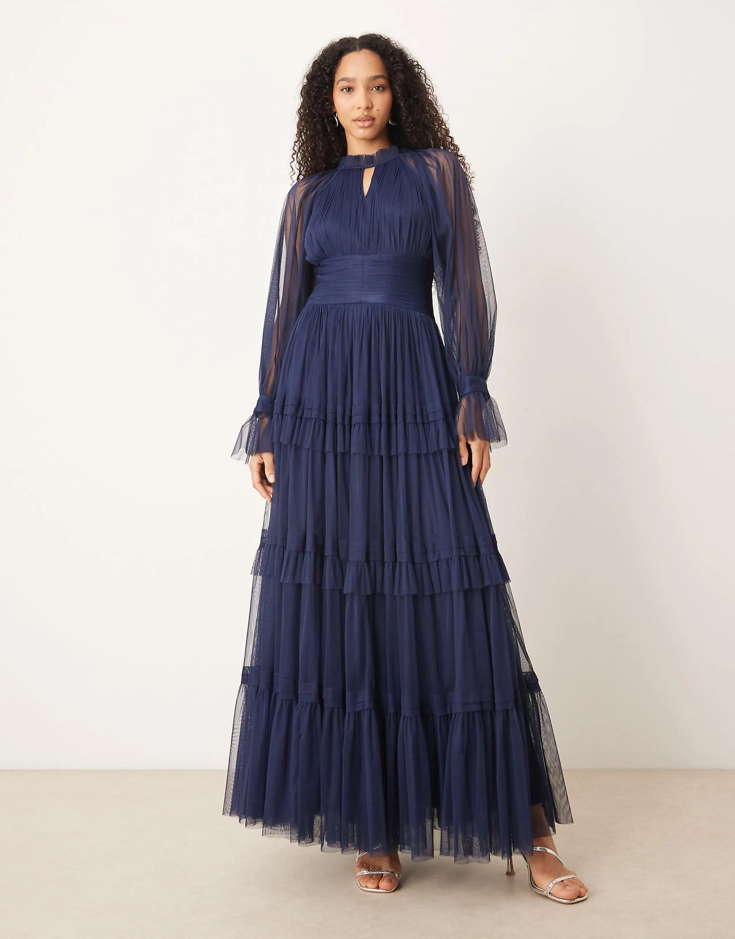 Lace & Beads Rosalia tulle sheer bell sleeve tiered maxi dress in navy