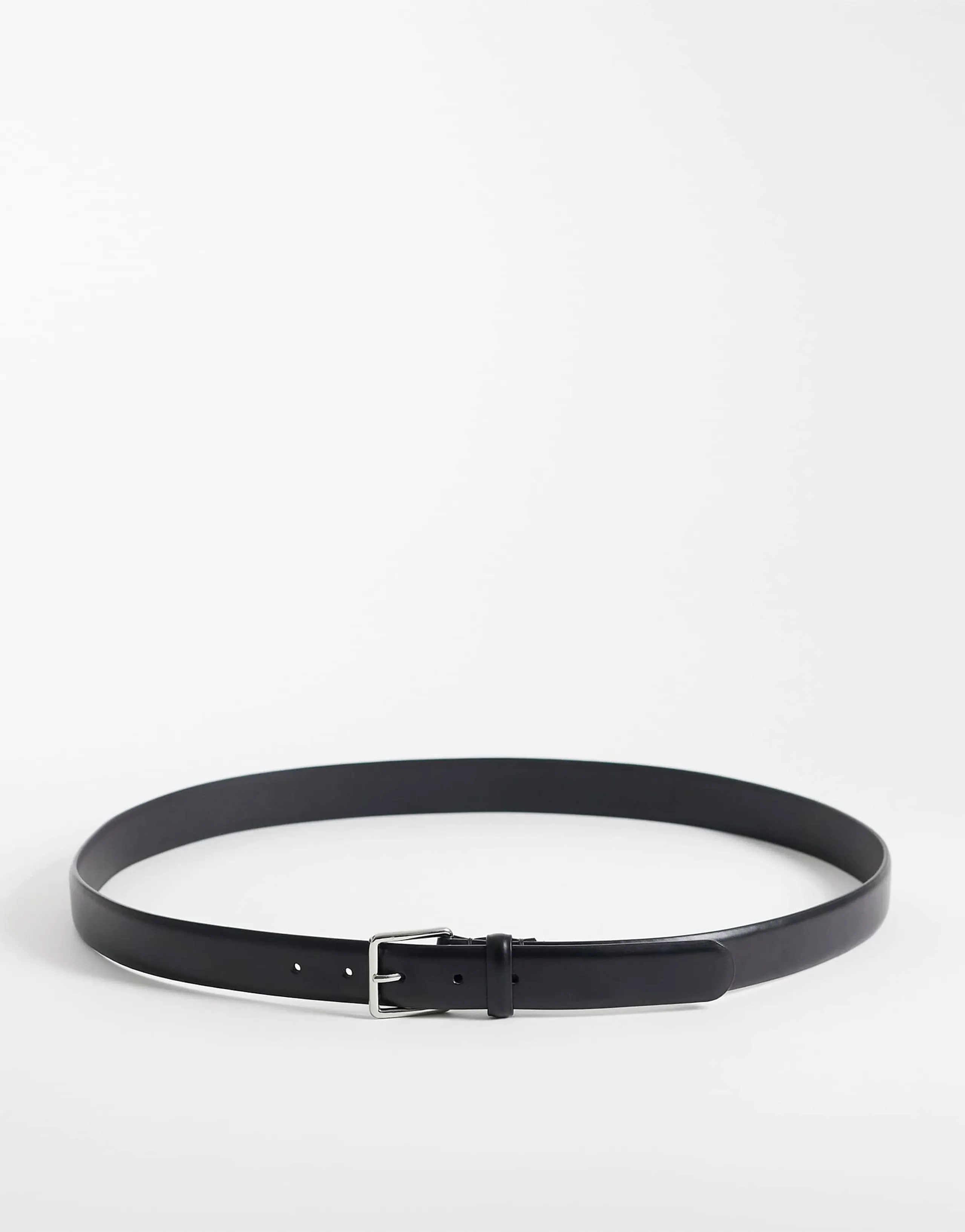 Mango slim leather belt with silver hardware in black