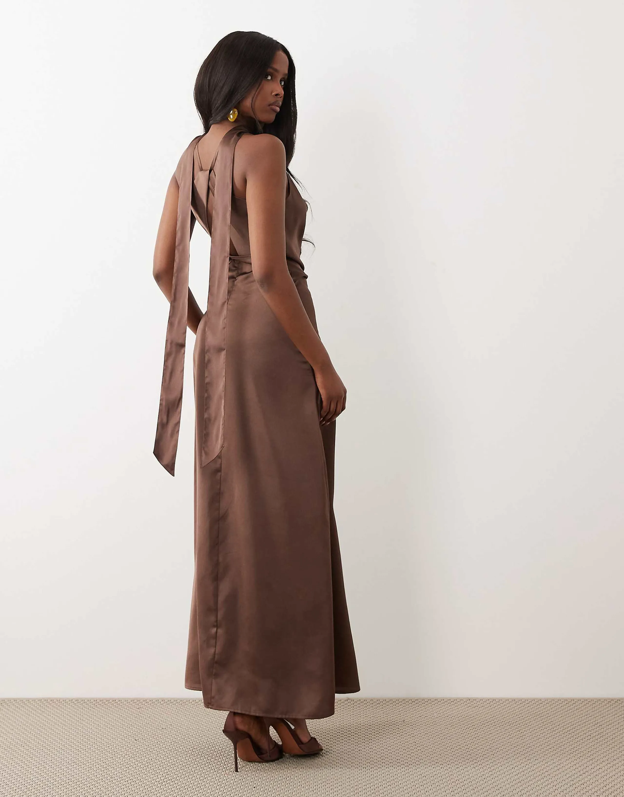 JDY cowl neck satin maxi dress with open back and scarf in brown