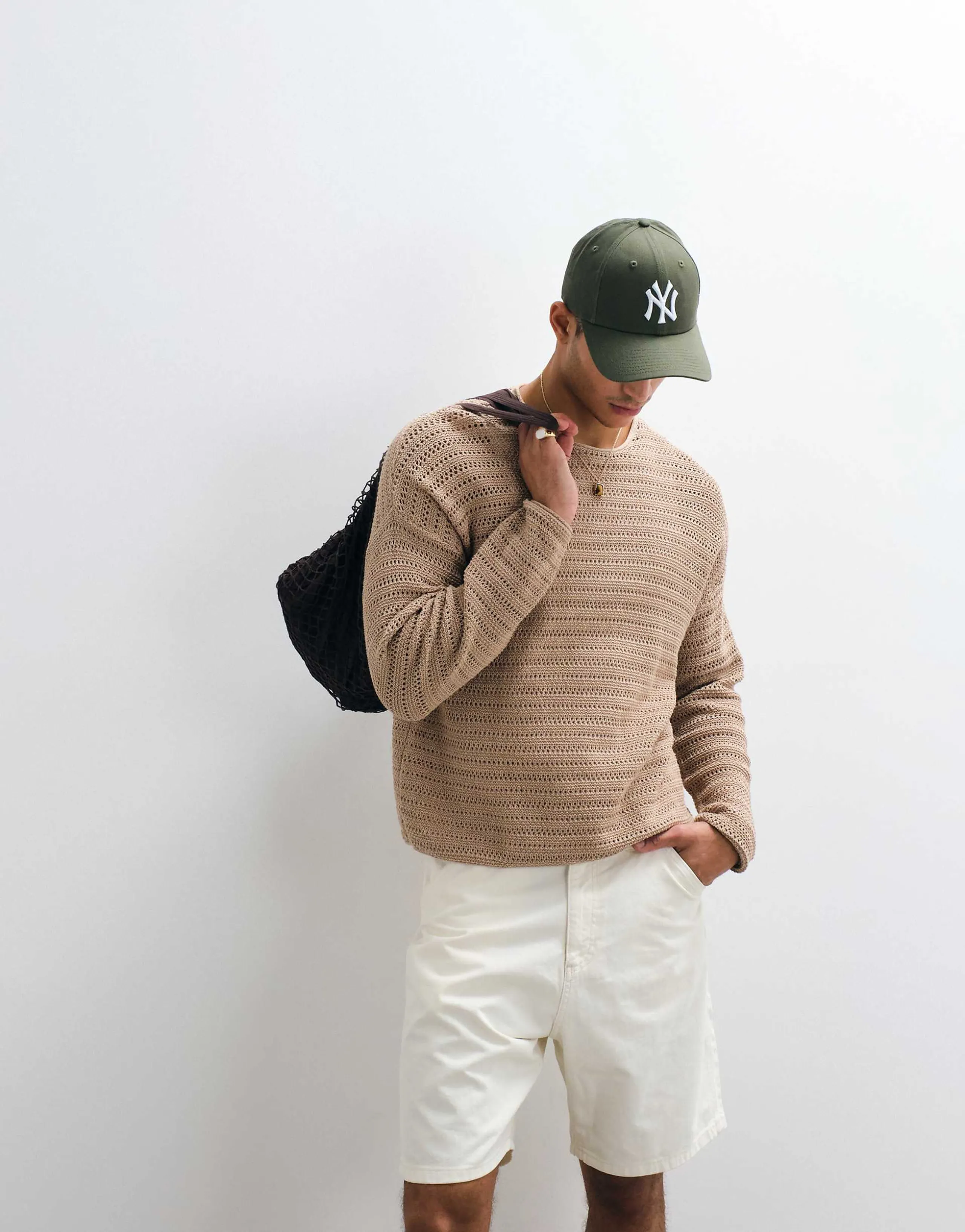 ASOS DESIGN oversized long sleeve knit ribbed T-shirt in stone heather