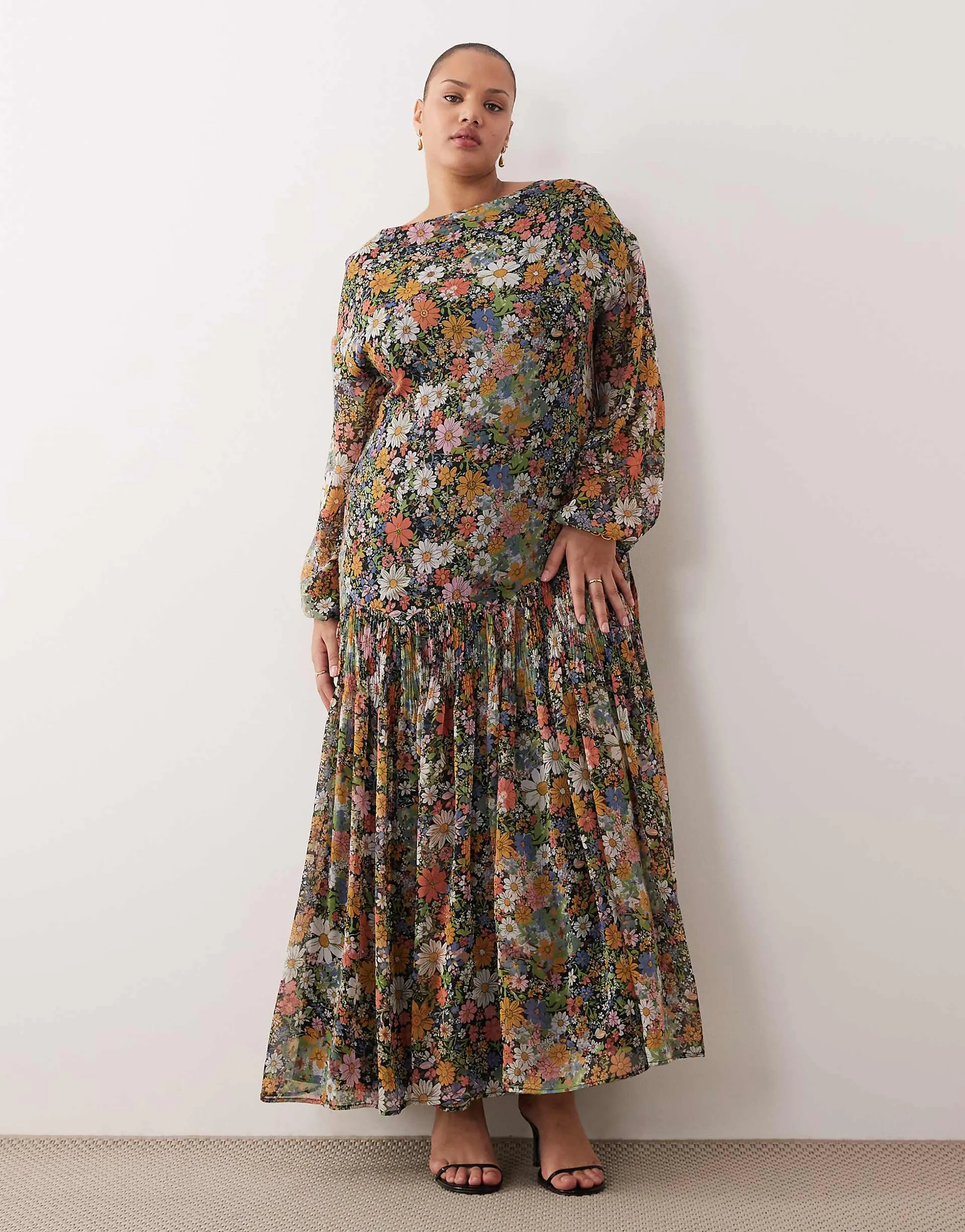 ASOS DESIGN Curve slash neck chiffon godet maxi dress in black based floral