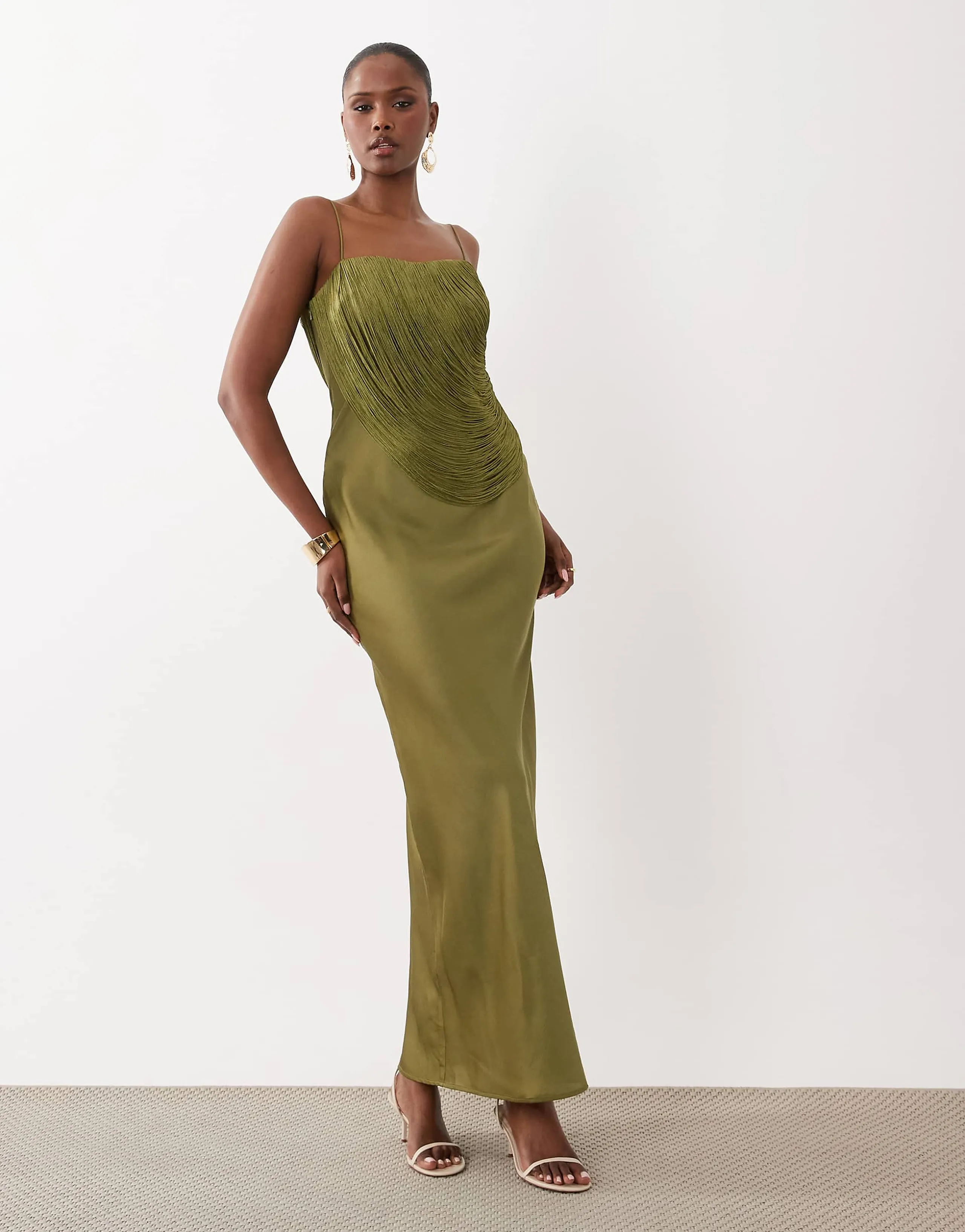 ASOS DESIGN draped fringe overlay bandeau maxi dress in olive green