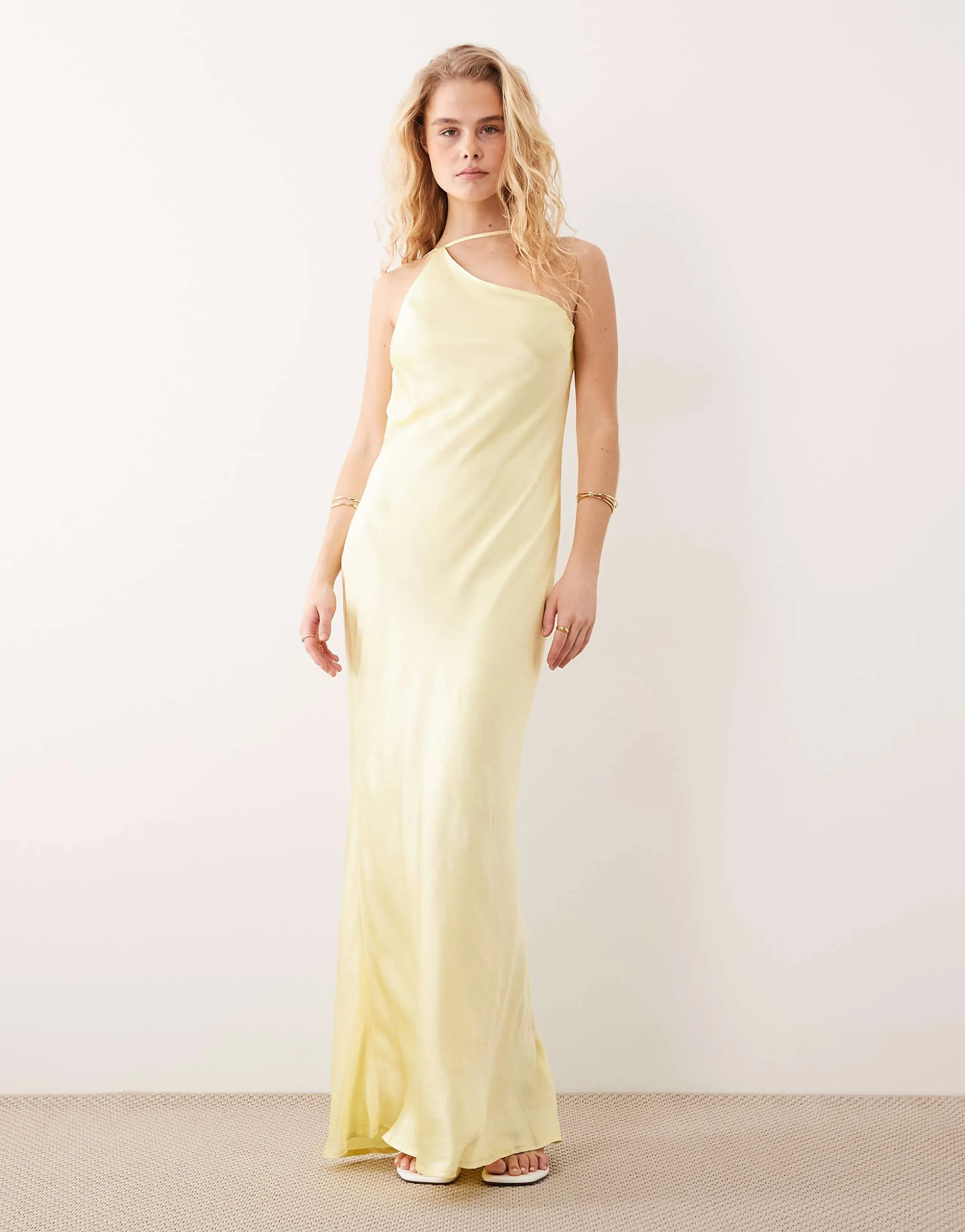 SNDYS satin asymmetric shoulder cowl back strappy maxi dress in yellow
