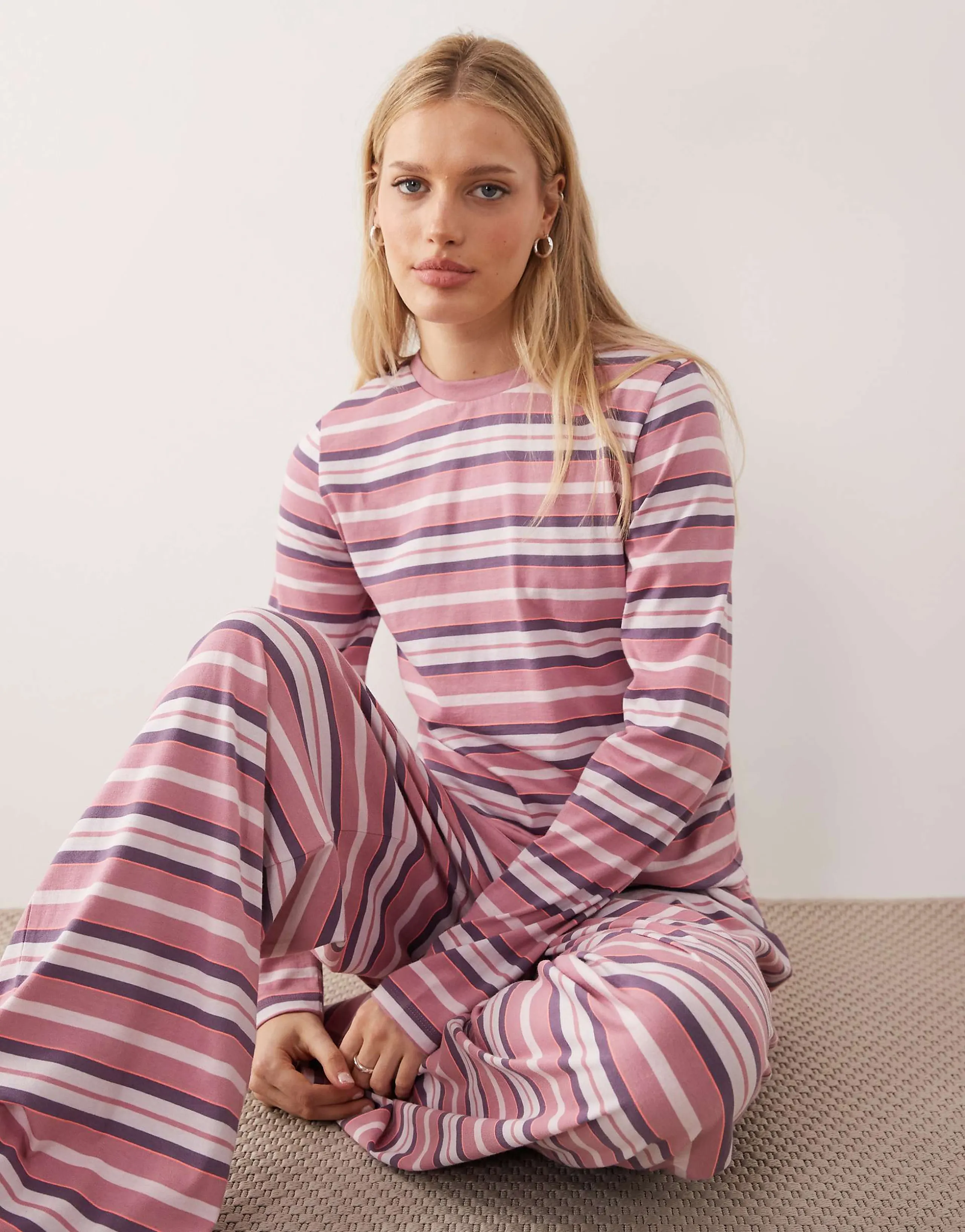 ASOS DESIGN Taylor long sleeve pajama top in pink & burgundy stripes